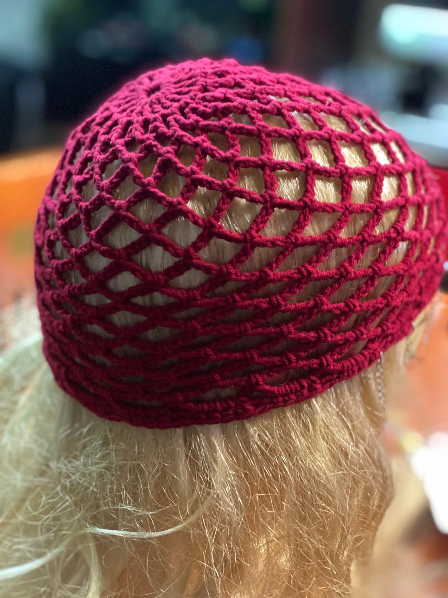 Crochet Mesh beanie, netted mesh beanie, crochet mesh hat, handmade mesh hat, handmade gift, red beanie, cap with chain bangs