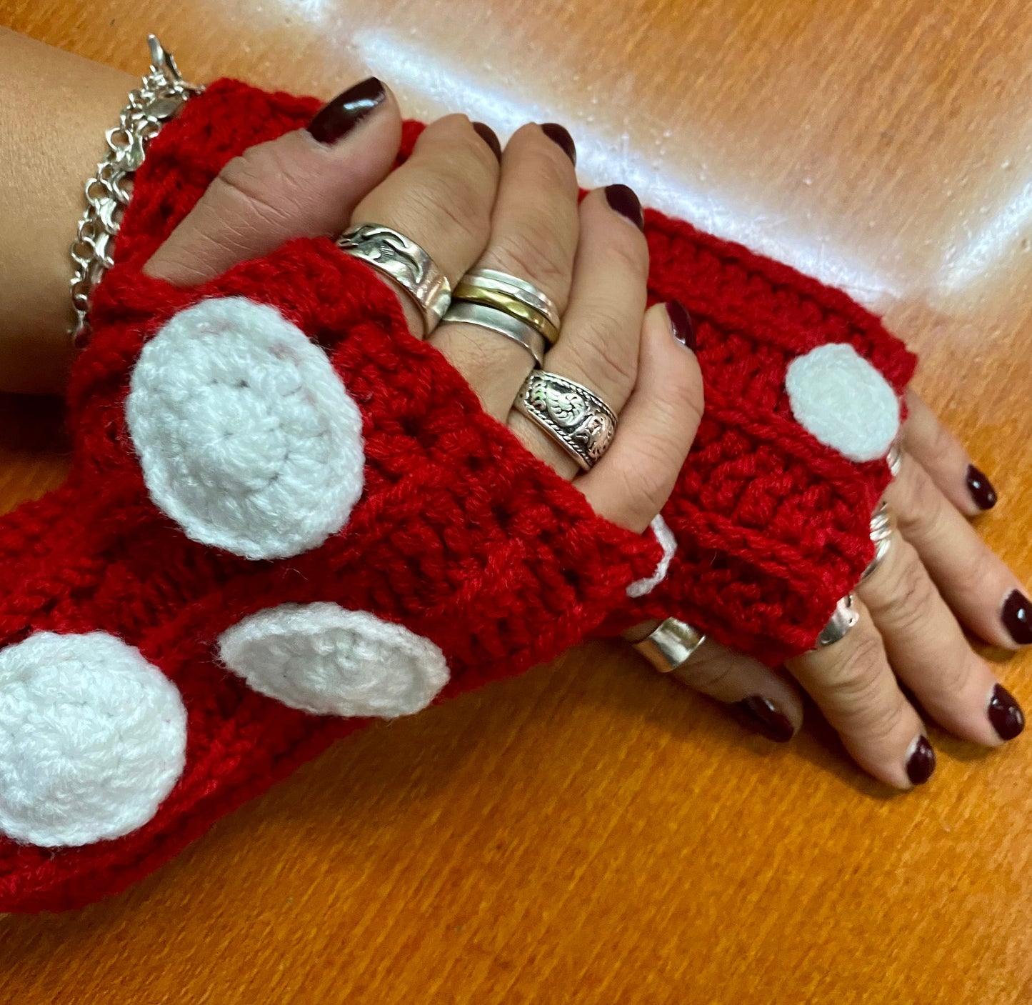 Crochet Mushroom Fingerless Gloves: Wool Blend Hand Warmers