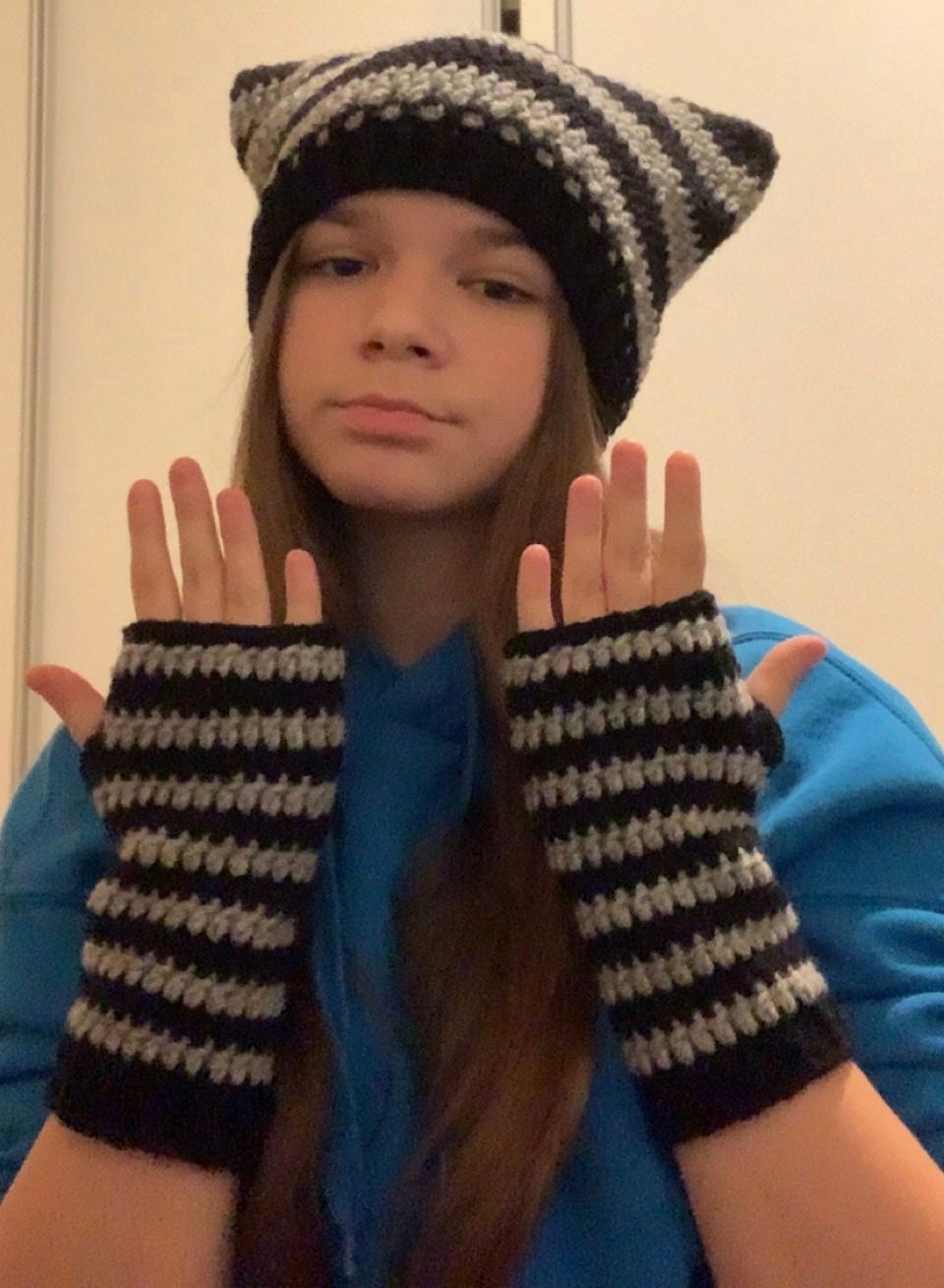 Striped Crochet Cat Ear Beanie: Handmade Wool-Blend Hat
