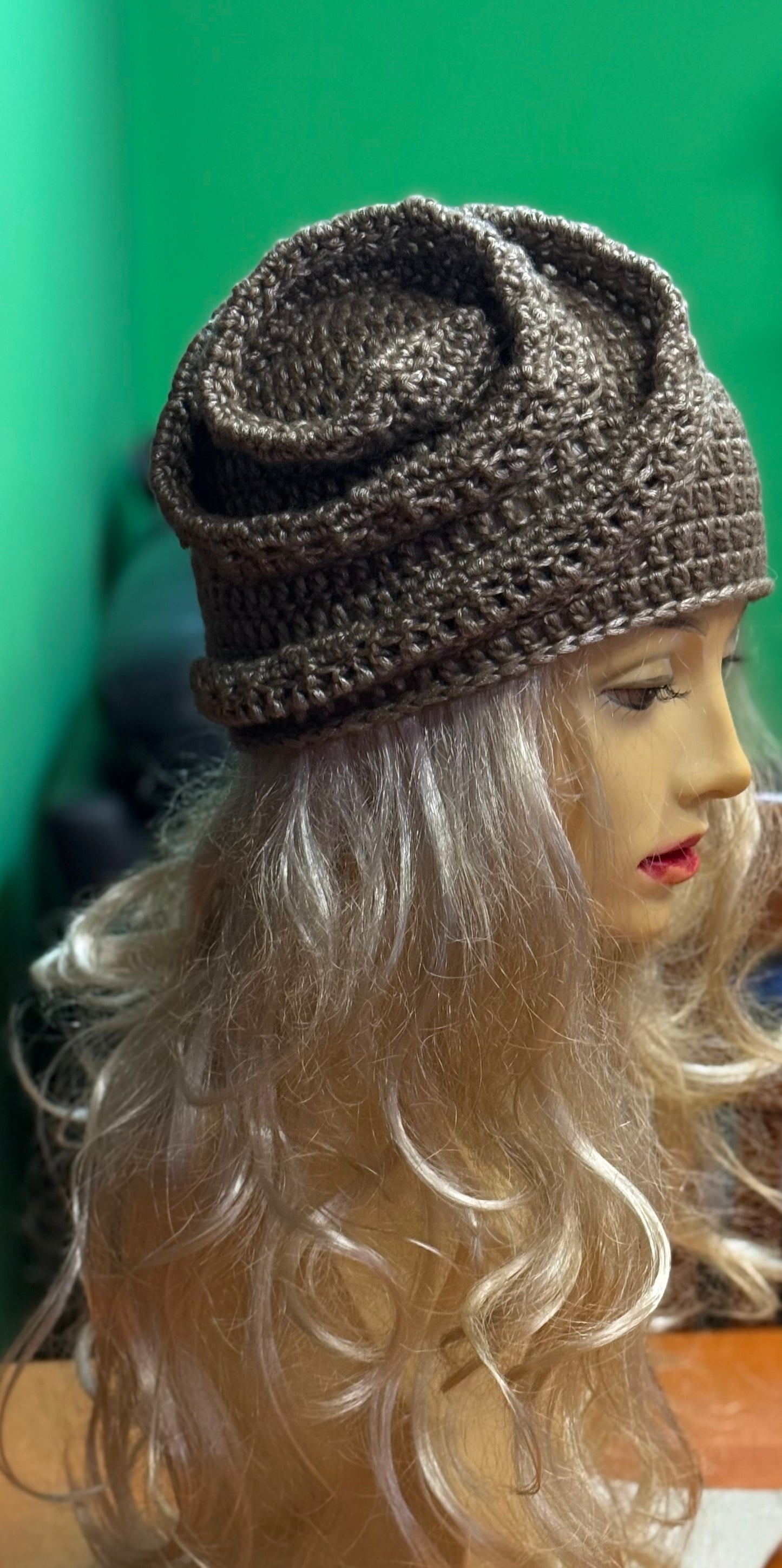 Beige-gold Crochet Snail Hat – Handmade Spiral Beanie, snake hat, Winter Cloche