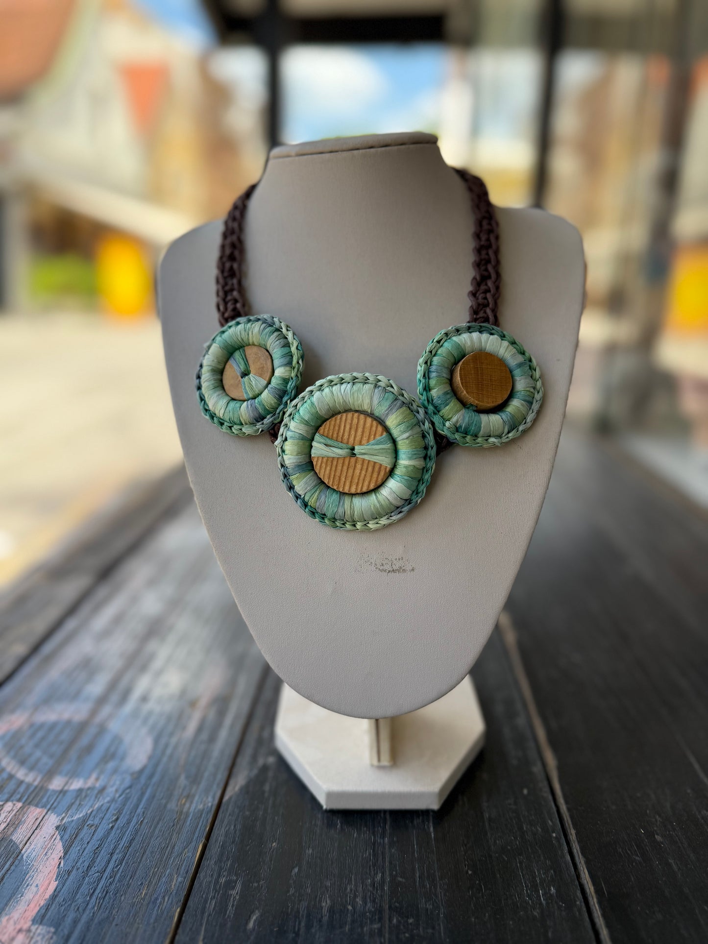 Crochet raffia wooden necklace