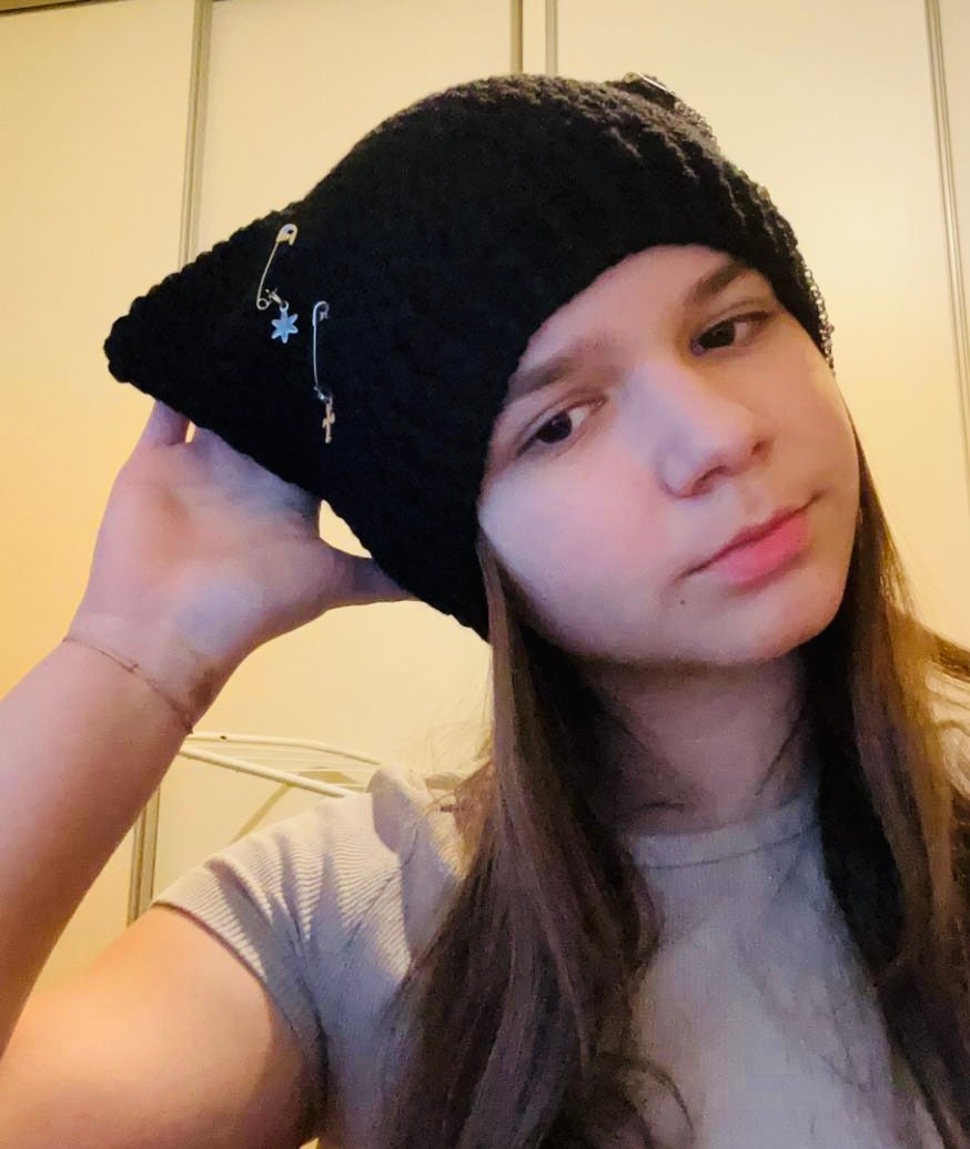 Cat chain beanie, custom Cat beanie, crochet cat ear pins beanie, cat hat, cat ears beanie with chain, star and cross, handmade gift
