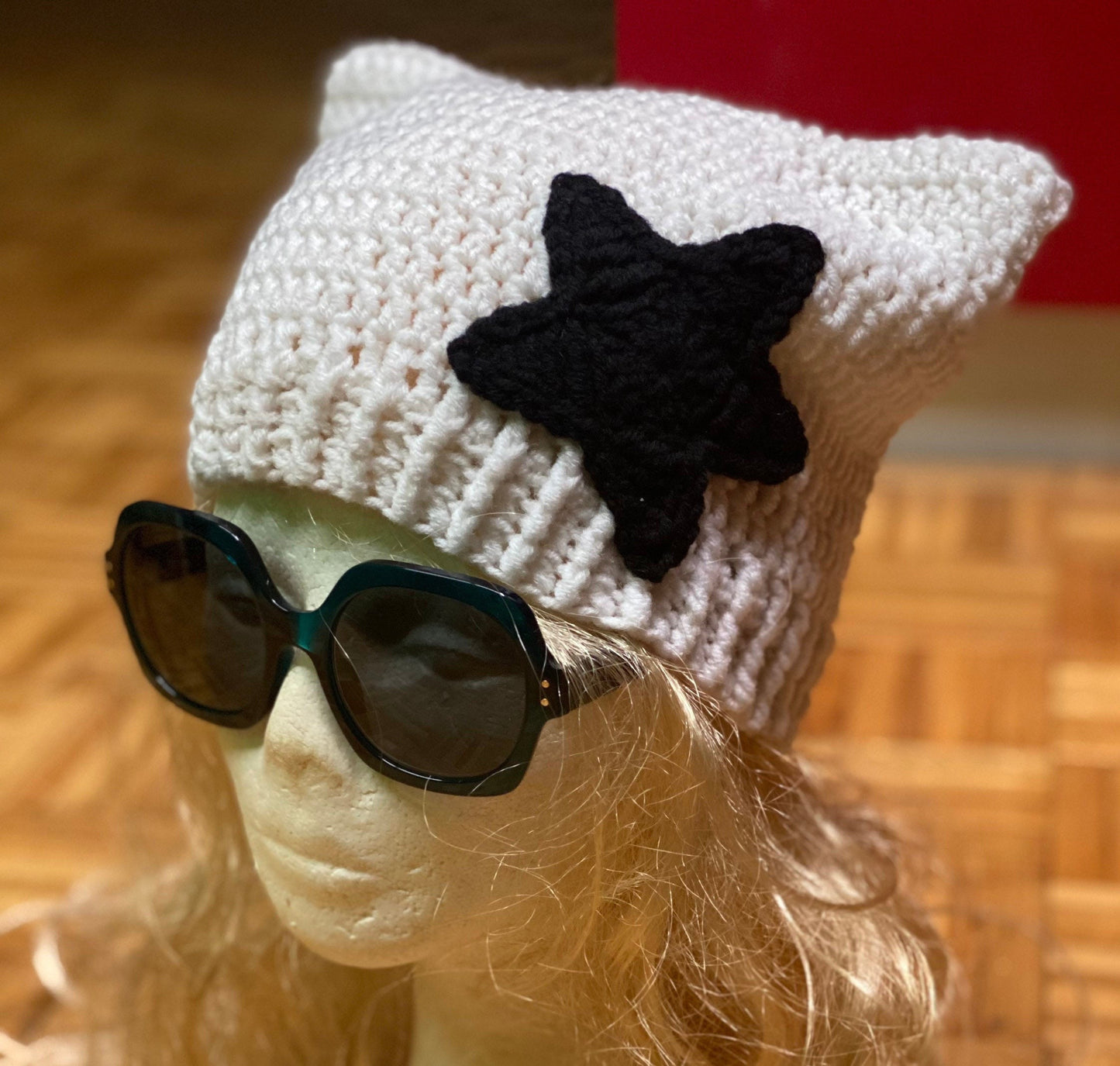 Custom Color Crochet Cat Ear Beanie with Star - Handmade Wool Blend