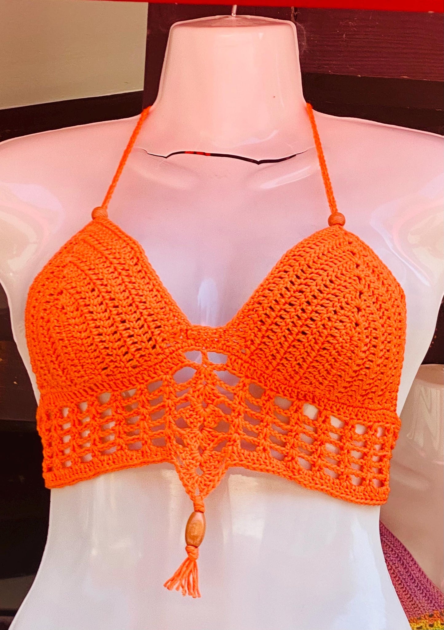 Crochet Festival Top, Boho Halter Crop Top, Hippie Bralette with Beads, Handmade Summer Beach Wear, Sexy Crochet Bra, Gift for Her, Rave Out
