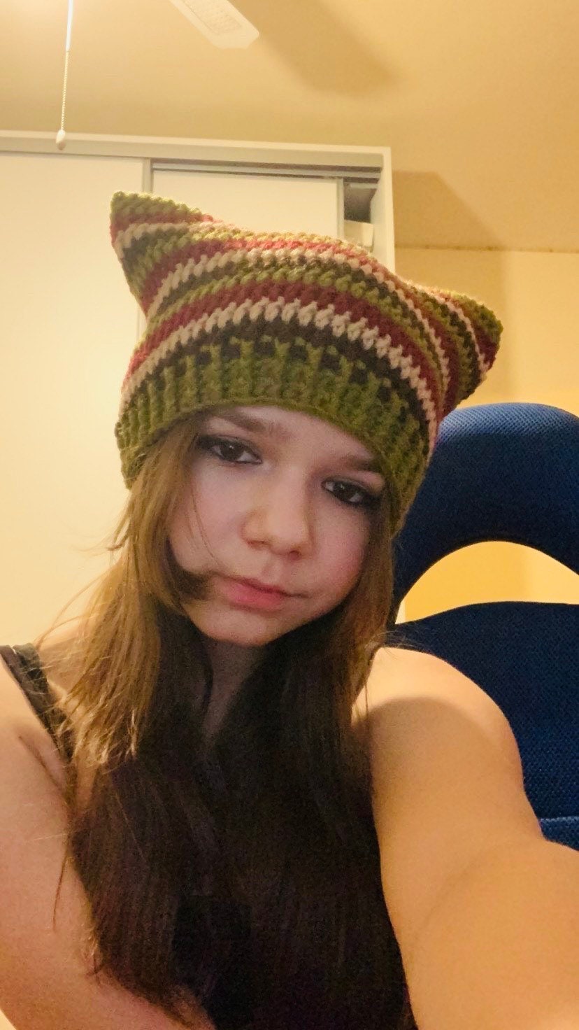 Crochet Cat Ears Beanie: Striped Wool-Blend Hat