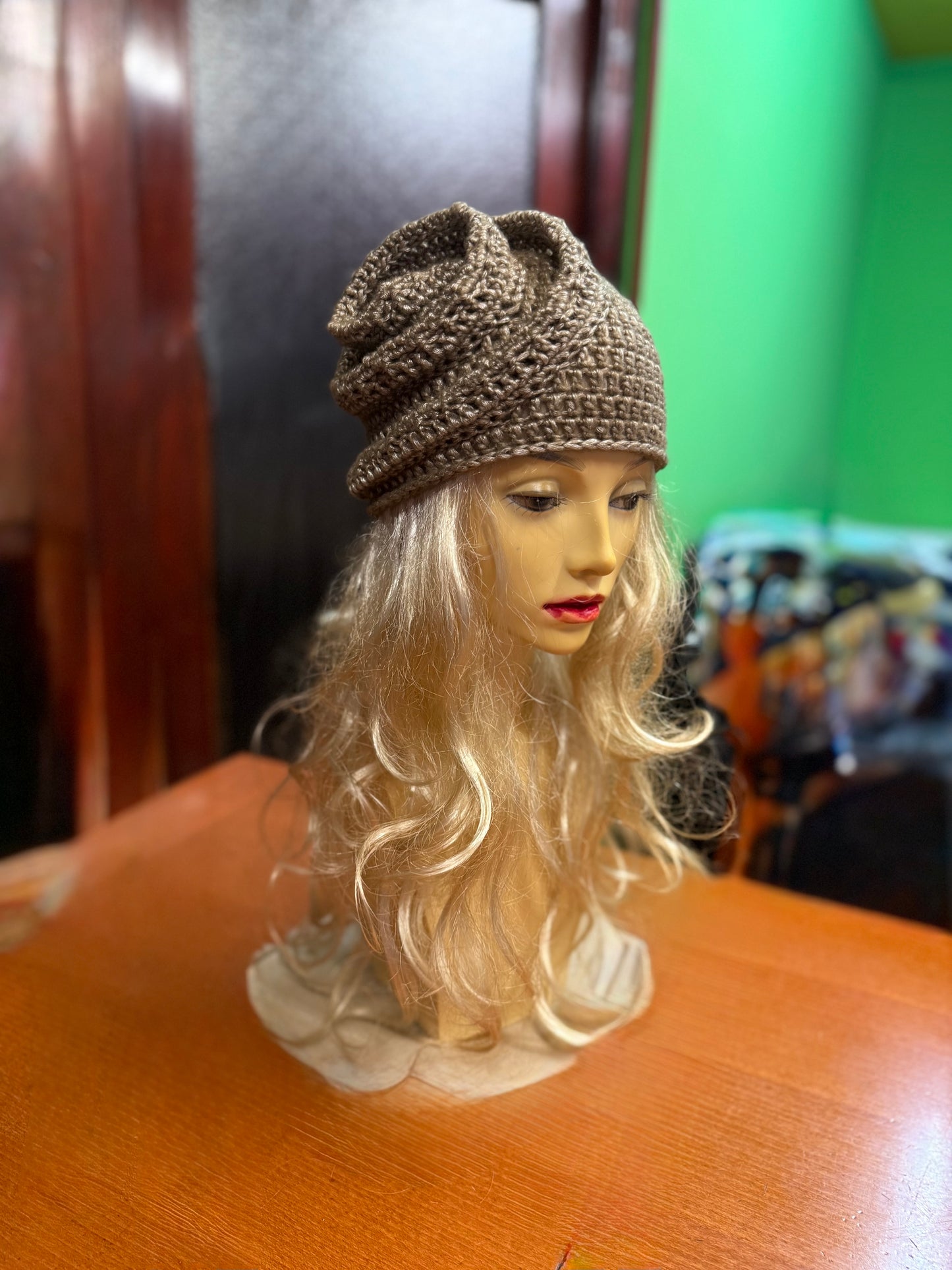 Beige-gold Crochet Snail Hat – Handmade Spiral Beanie, snake hat, Winter Cloche