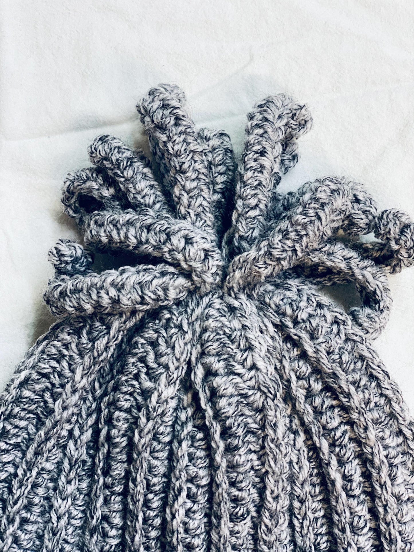 Grey Melange Spiral Crochet Beanie – Handmade Warm Winter Hat with Unique Twists, bobble hat