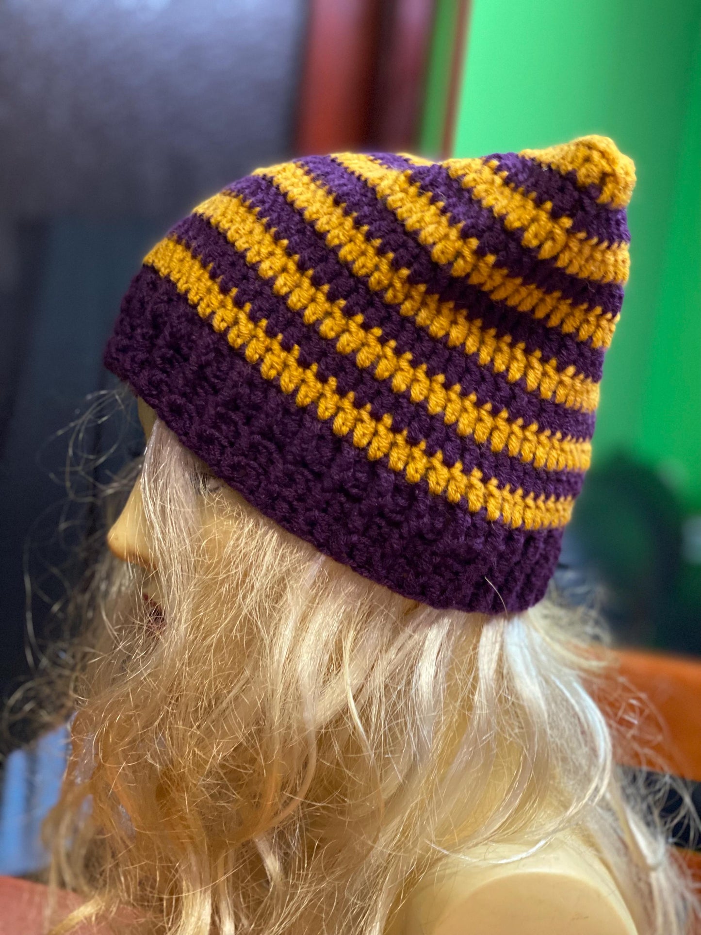 Crocheted Cat Ear Beanie: Plum & Yellow Striped Wool Blend