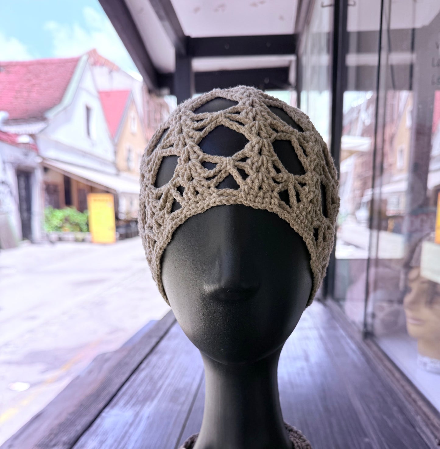 Mesh crochet beige beanie, handmade crochet hat