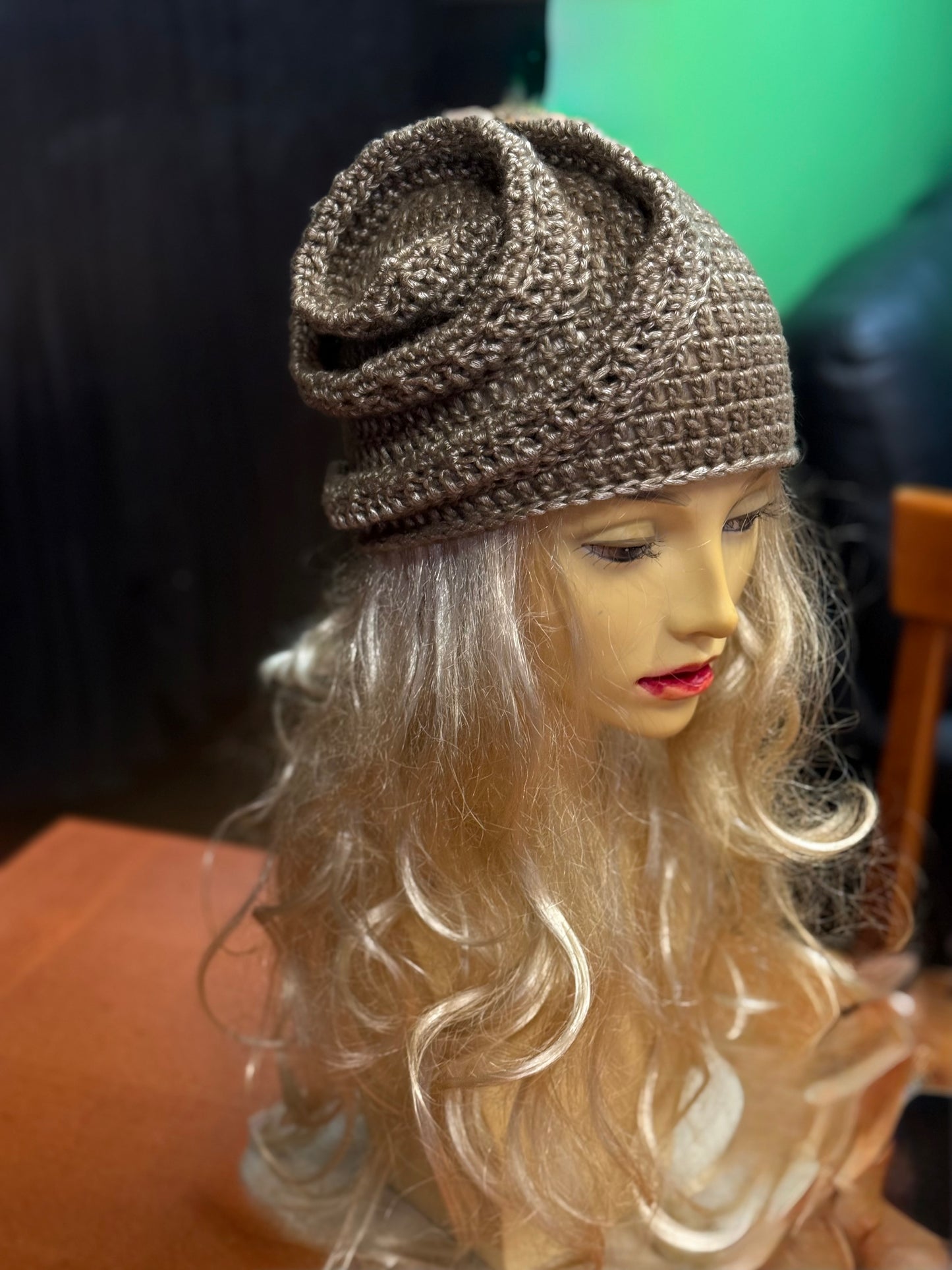 Beige-gold Crochet Snail Hat – Handmade Spiral Beanie, snake hat, Winter Cloche