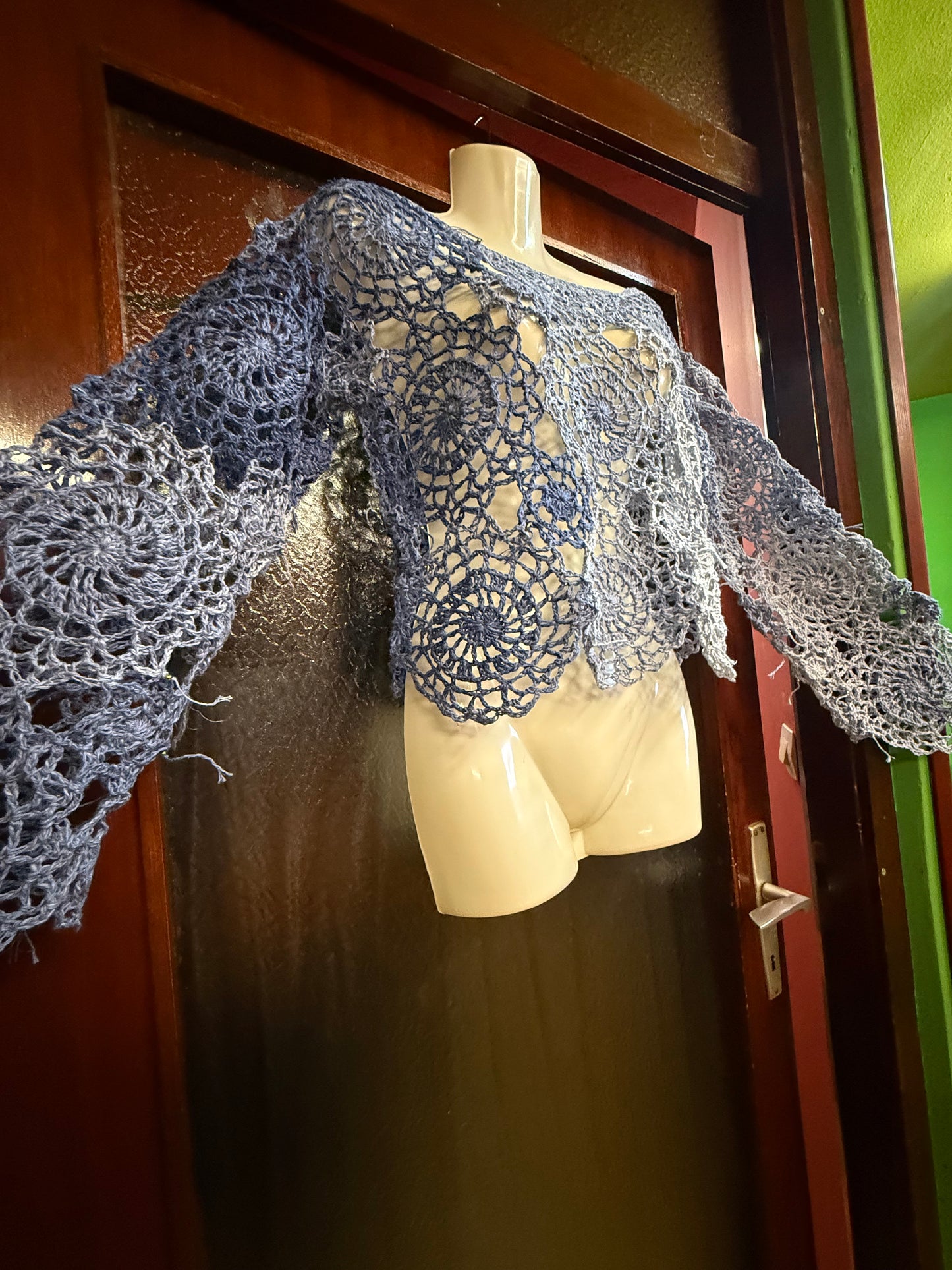Crochet unique jeans blue Circle blouse, Hand-Crocheted Boho Blouse – Hemp & Cotton Blend with Hematite Accents