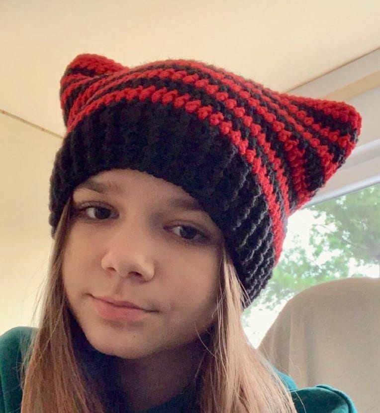 Crochet Cat Ear Beanie: Striped Wool-Blend Handmade Hat