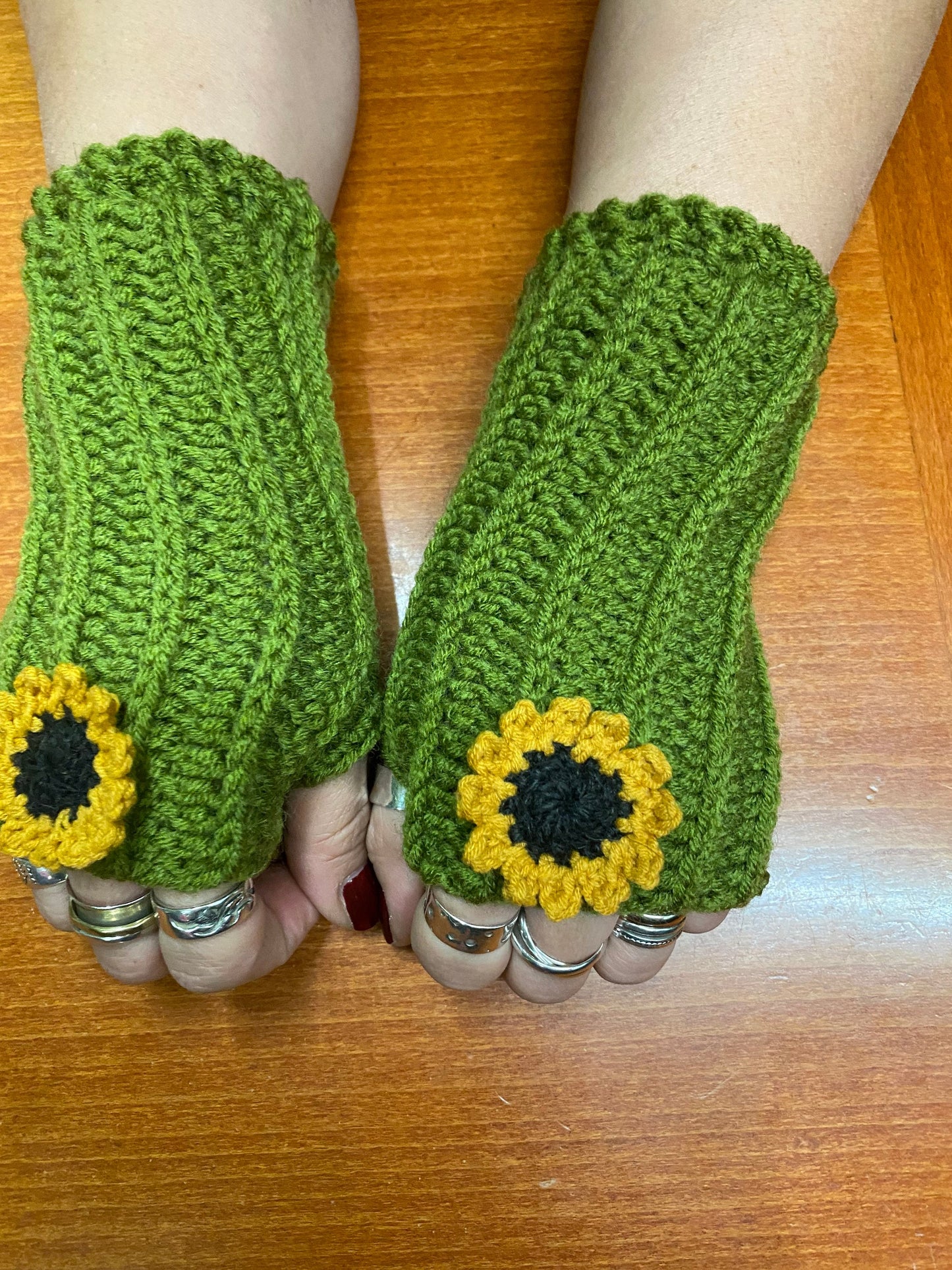 Crochet Sunflower Fingerless Gloves: Olive Green Handwarmers