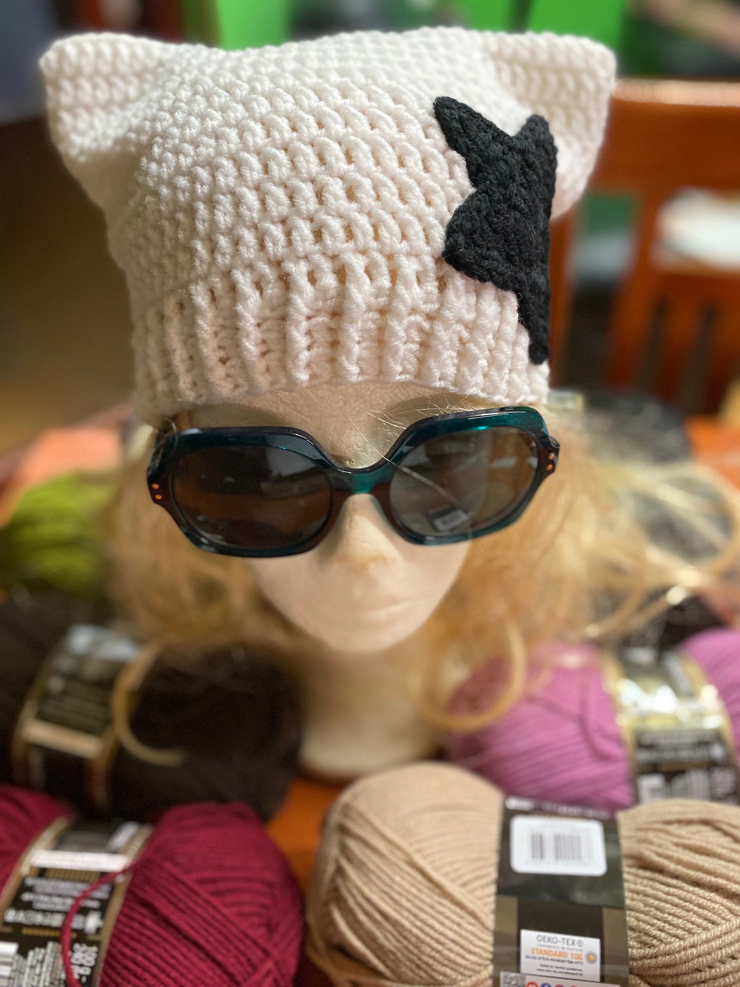 Custom Color Crochet Cat Ear Beanie with Star - Handmade Wool Blend