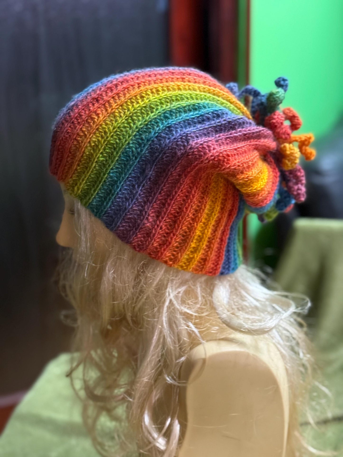 Crochet Rainbow Hat, Colorful Winter Beanie, Unique Spiral Pom Pom Hat, Handmade Gift for Her, Vibrant Boho Winter Accessory, Wool Knit hat