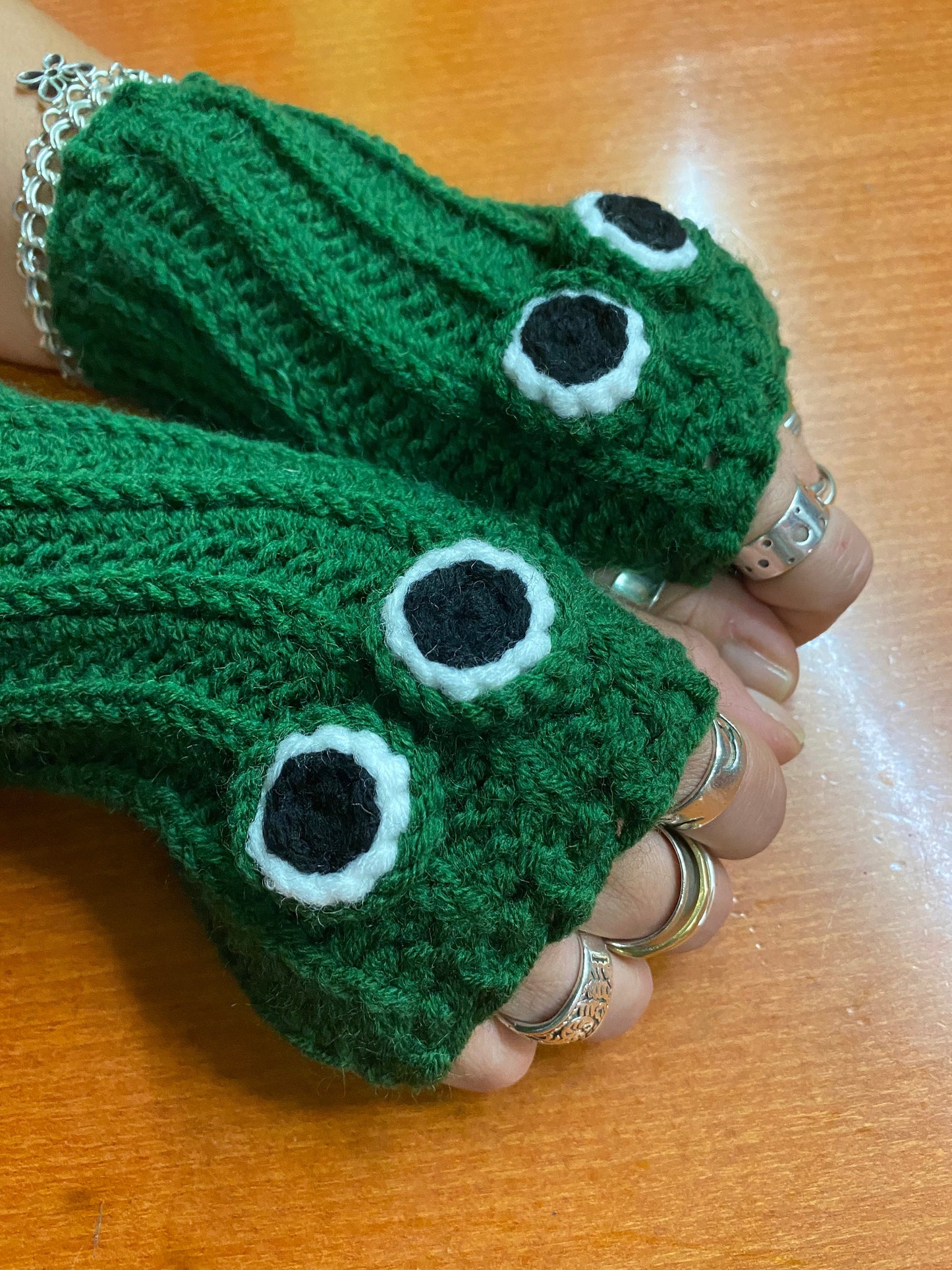 Crochet Frog Fingerless Gloves: Handmade Wool Blend Hand Warmers