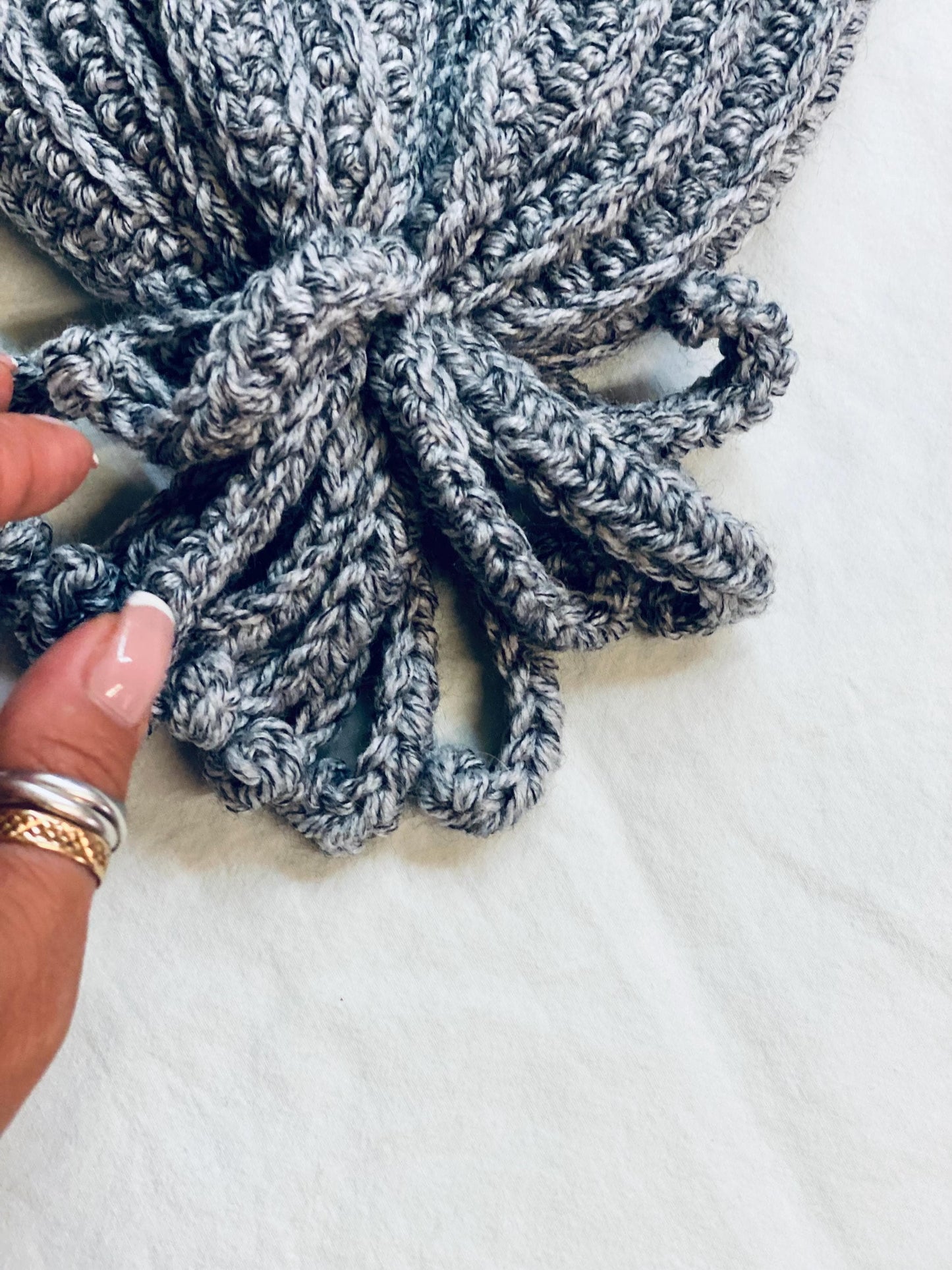 Grey Melange Spiral Crochet Beanie – Handmade Warm Winter Hat with Unique Twists, bobble hat