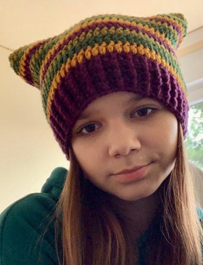Crochet Cat Ears Beanie: Striped Wool-Blend Hat