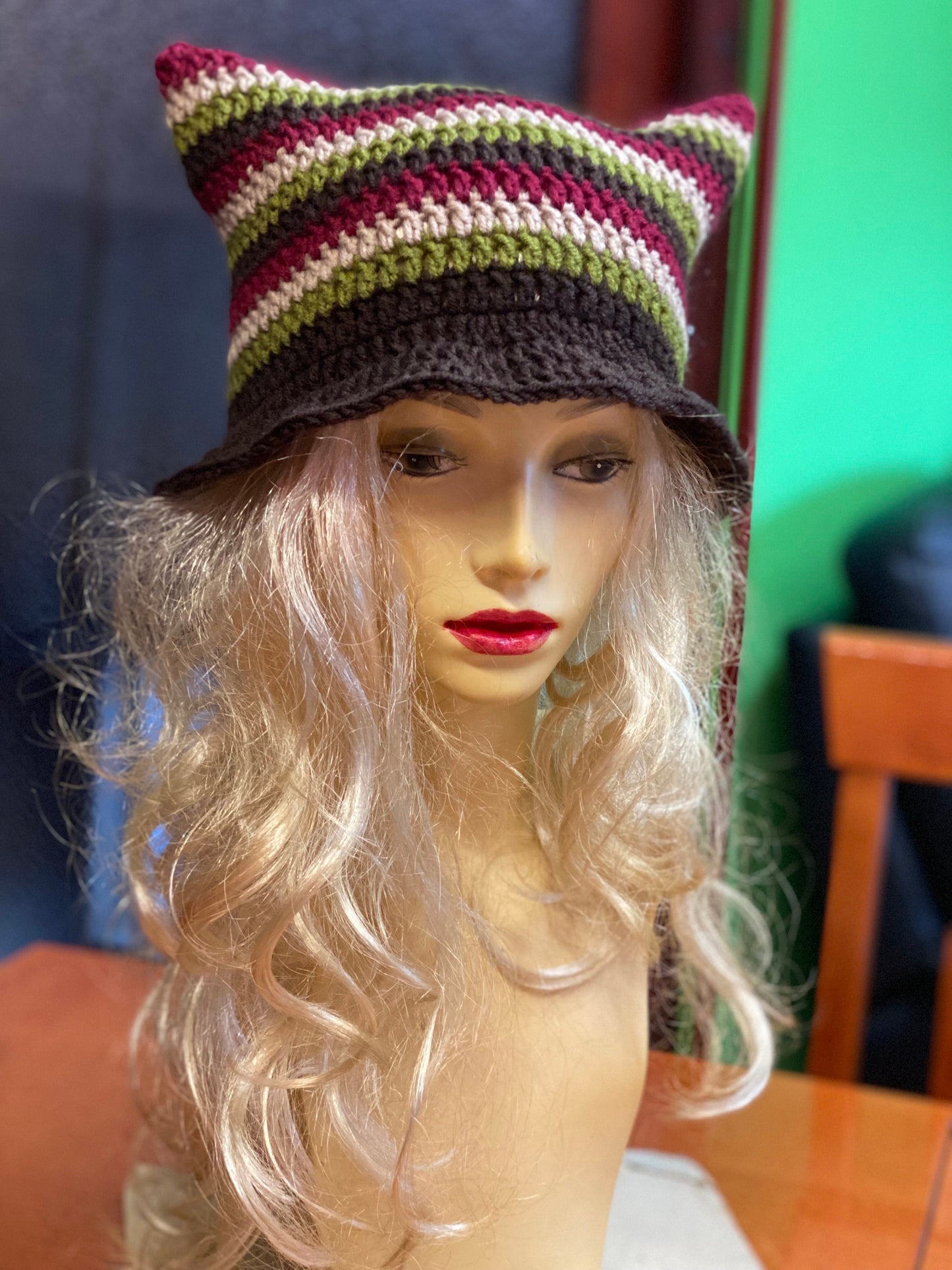 Crochet Cat Ears Bucket hat, striped earthy tones hat, striped winter bonnet, handmade striped kitty hat, grunge style hat, cat ears hat
