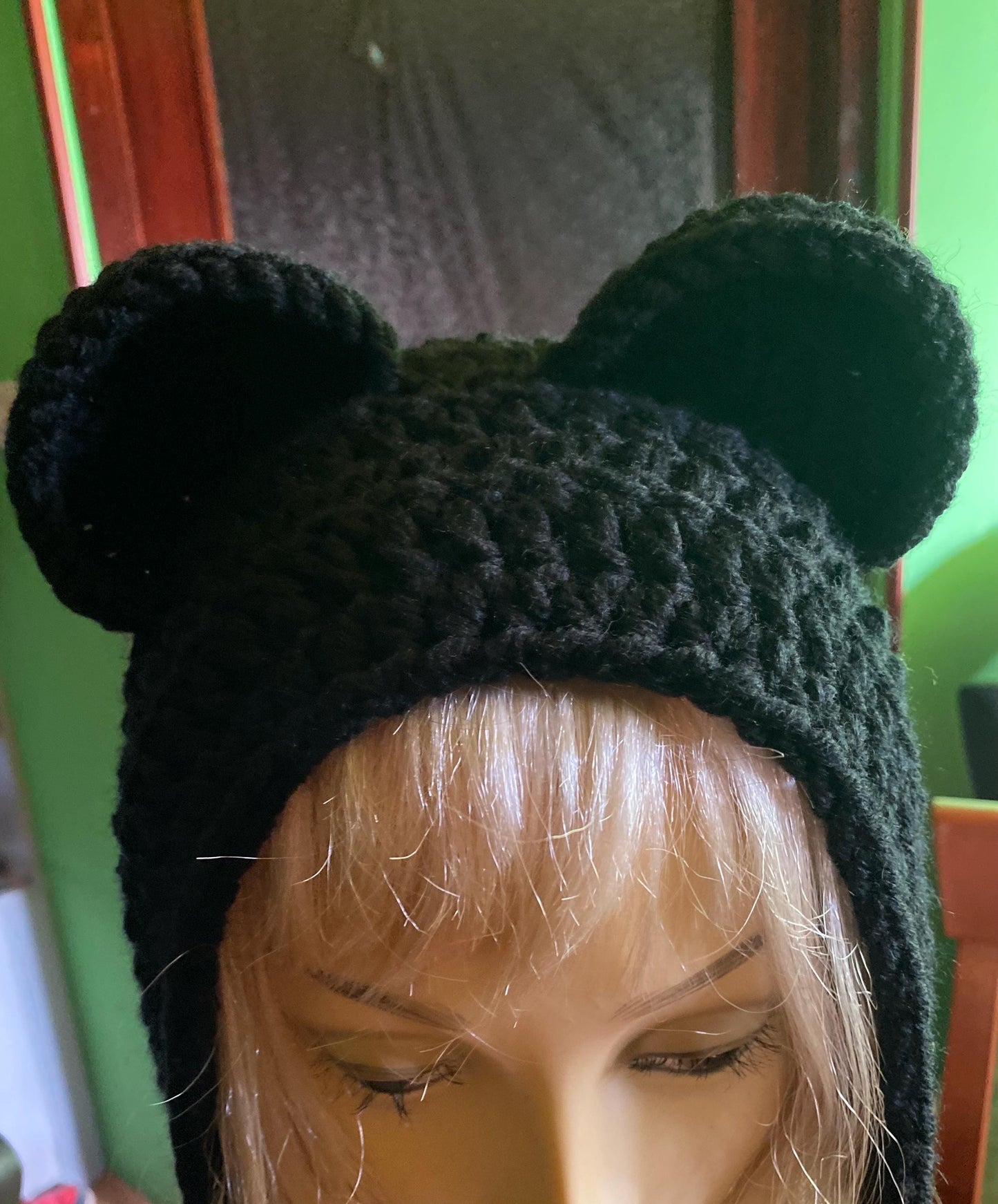 Handmade Black Bear Ear Bonnet with Ties, Crochet Animal Ear Beanie, Gothic Aesthetic Winter Hat, Cute Bear Ear Hood with Tassels, Coquette