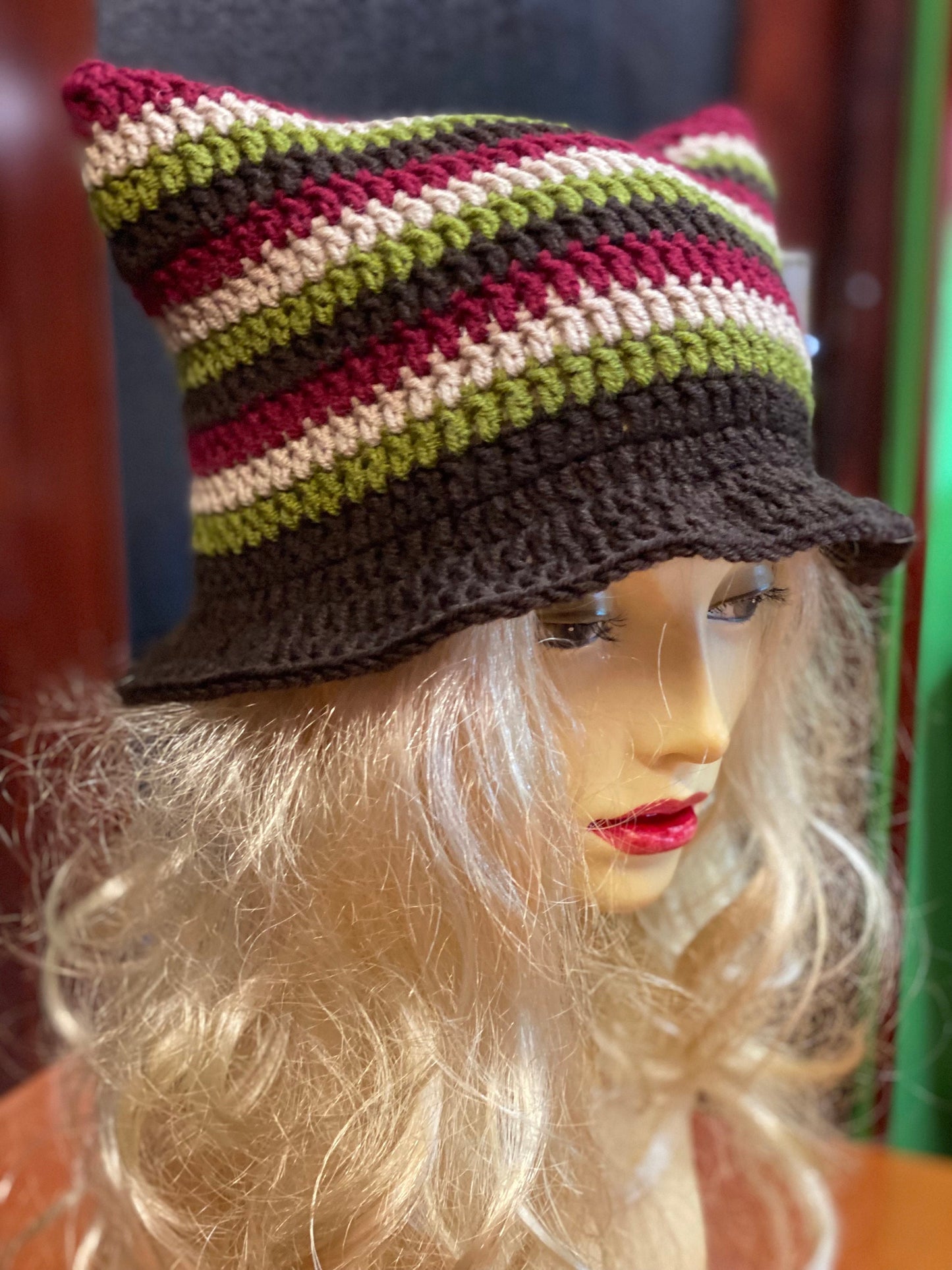 Crochet Cat Ears Bucket hat, striped earthy tones hat, striped winter bonnet, handmade striped kitty hat, grunge style hat, cat ears hat