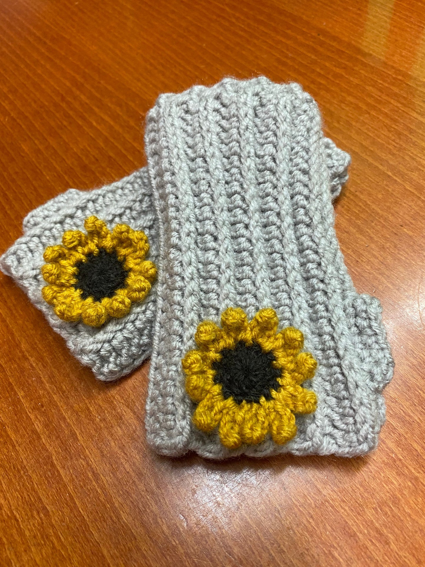 Crochet Sunflower Fingerless Gloves: Wool Blend Hand Warmers