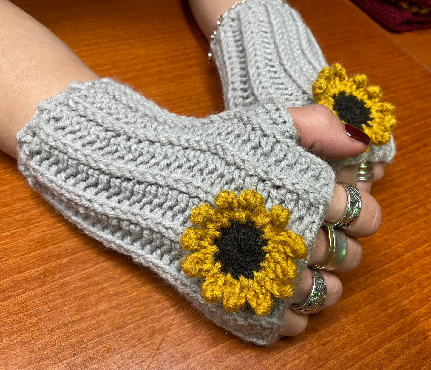 Crochet Sunflower Fingerless Gloves: Wool Blend Hand Warmers