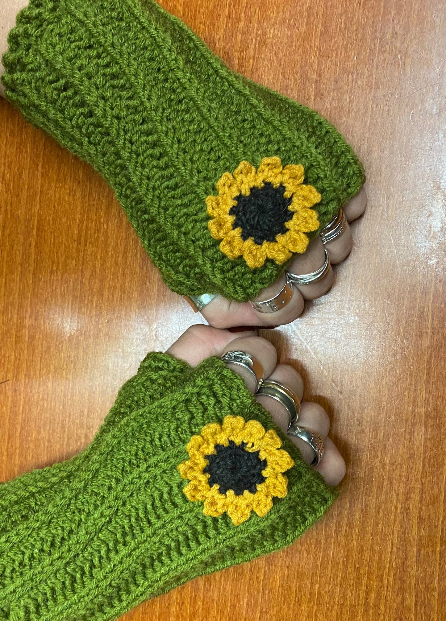 Crochet Sunflower Fingerless Gloves: Olive Green Handwarmers