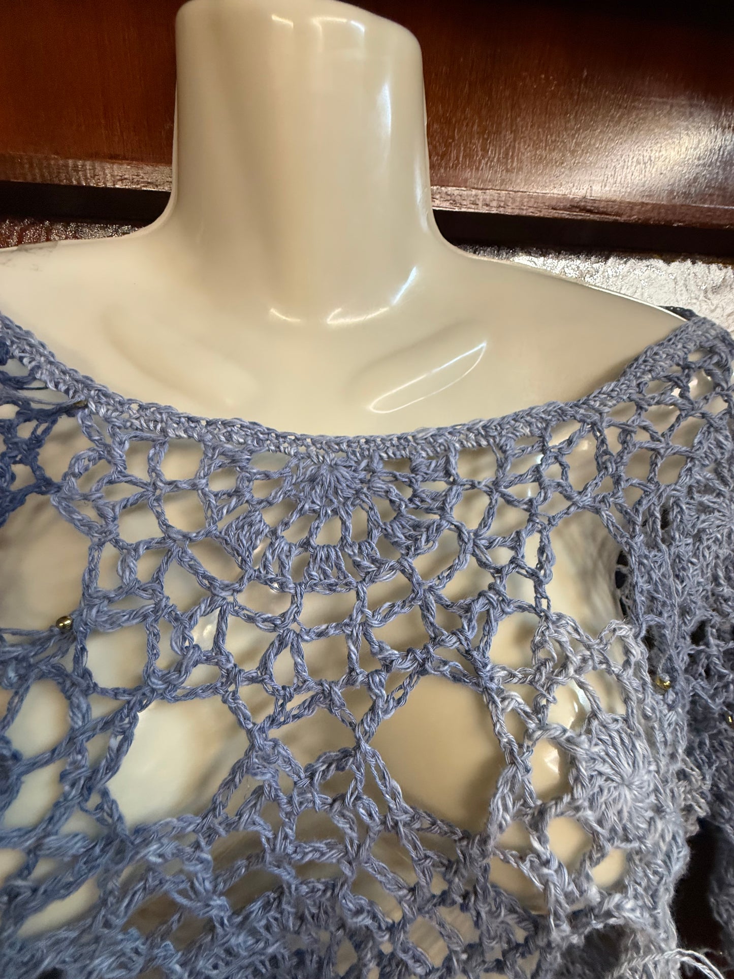 Crochet unique jeans blue Circle blouse, Hand-Crocheted Boho Blouse – Hemp & Cotton Blend with Hematite Accents