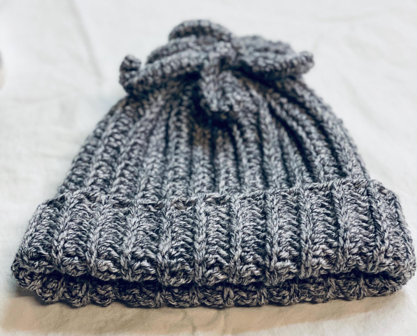 Grey Melange Spiral Crochet Beanie – Handmade Warm Winter Hat with Unique Twists, bobble hat