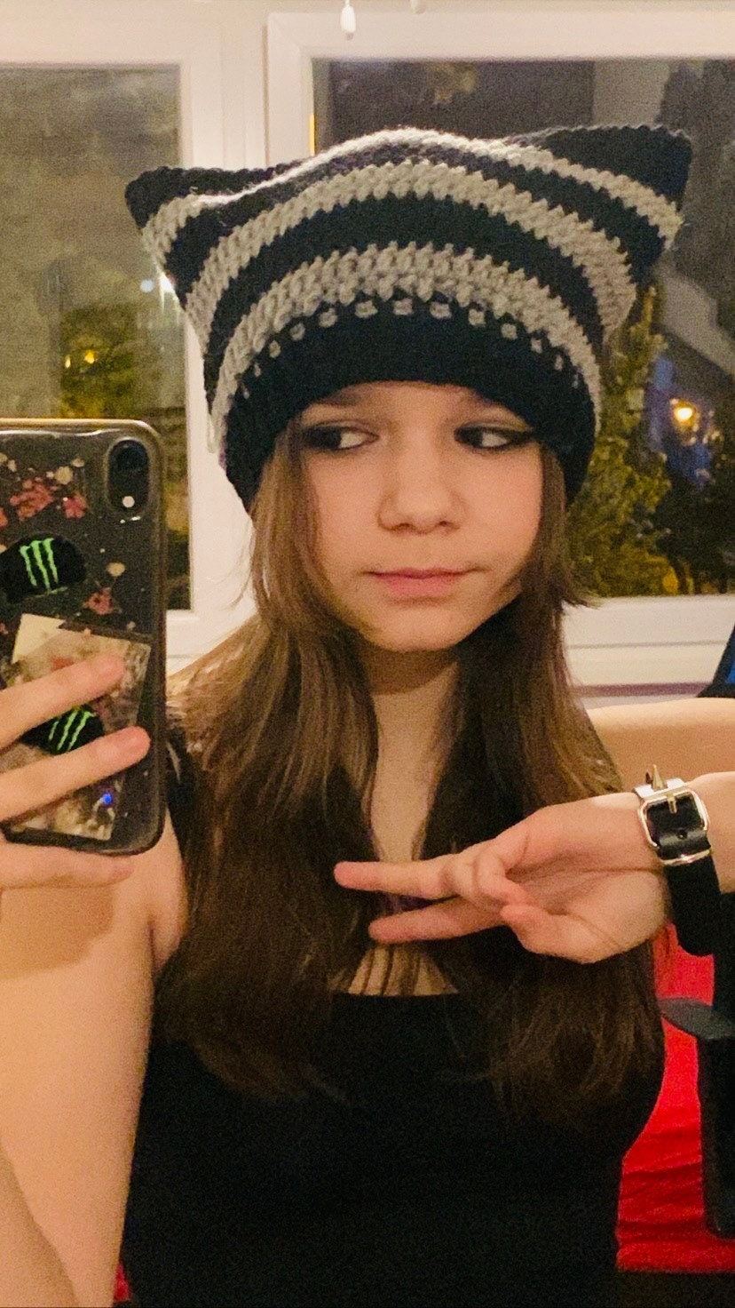 Striped Crochet Cat Ear Beanie: Handmade Wool-Blend Hat
