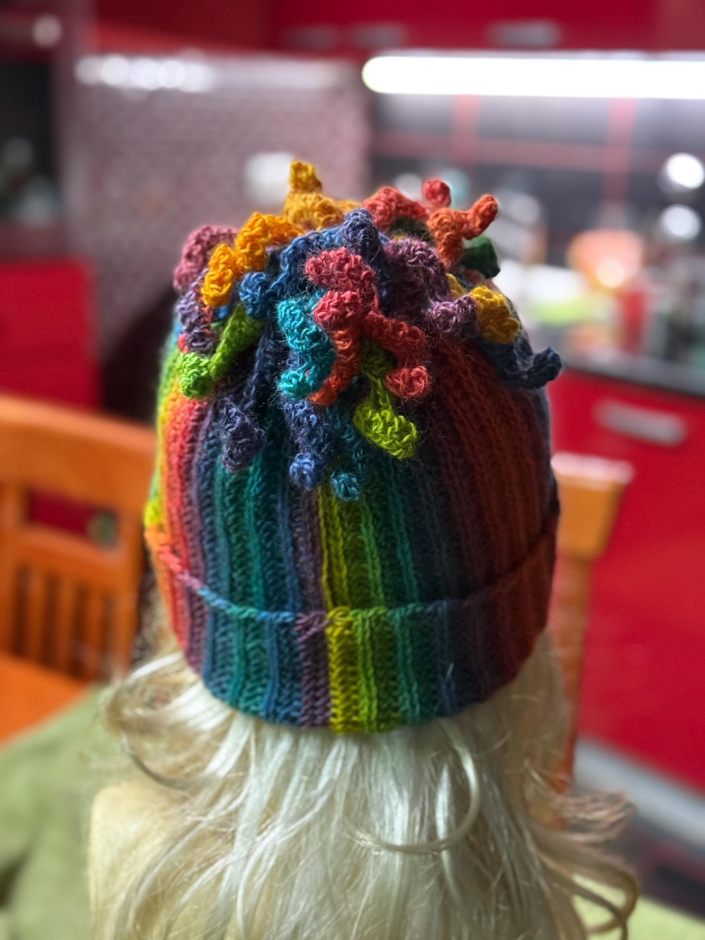 Crochet Rainbow Hat, Colorful Winter Beanie, Unique Spiral Pom Pom Hat, Handmade Gift for Her, Vibrant Boho Winter Accessory, Wool Knit hat