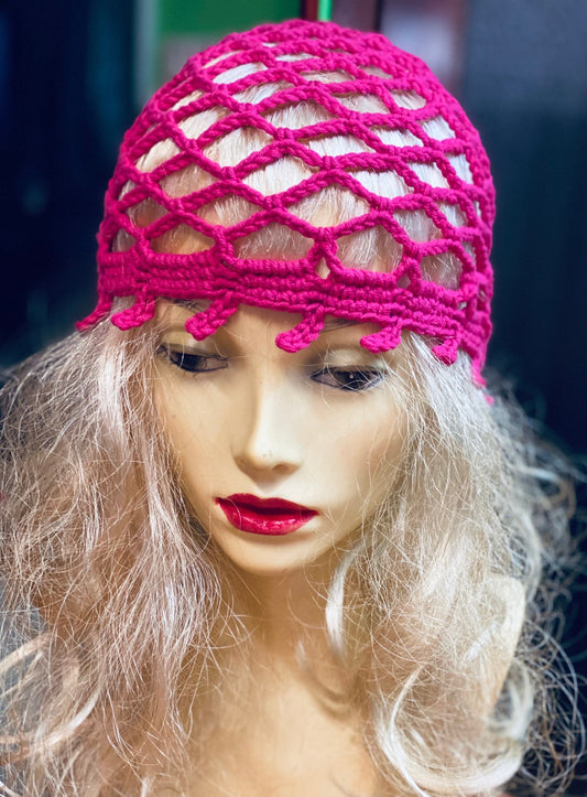 Magenta Mesh beanie, crochet mesh beanie, pink crochet mesh hat, handmade mesh hat, handmade gift, crochet web beanie