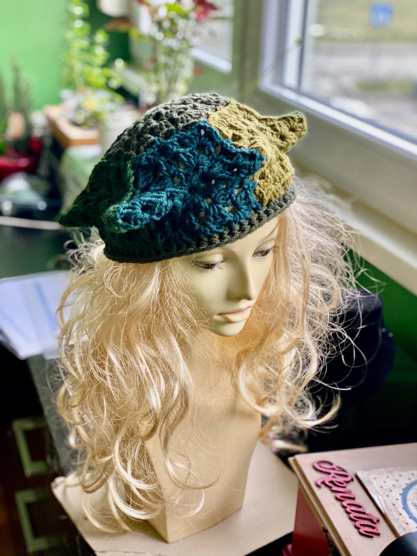 Handmade Crochet Star Hat: Wool Blend Beret