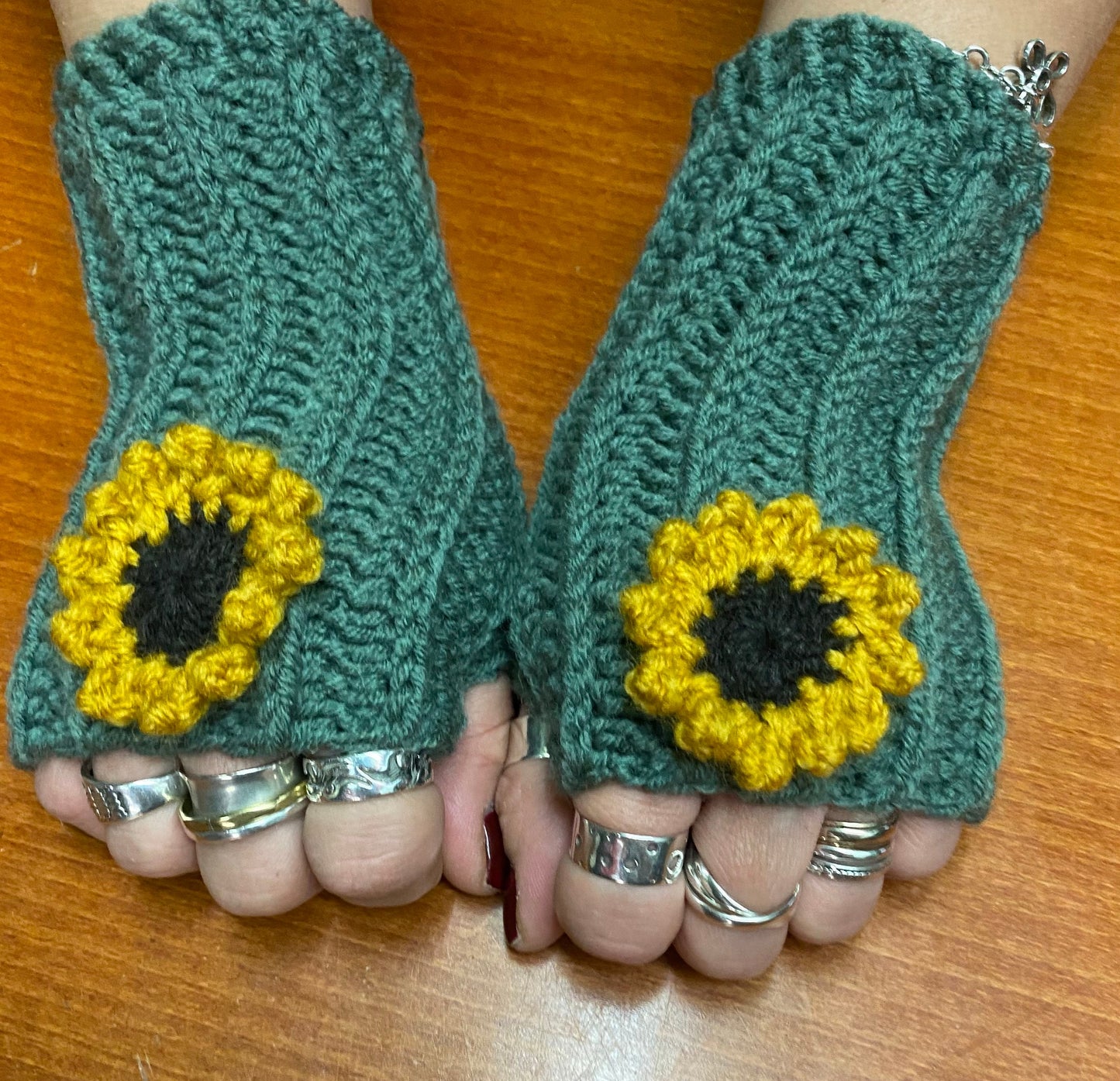 Crochet Sunflower Hand Warmers: Blue-Green Wool Blend Gloves
