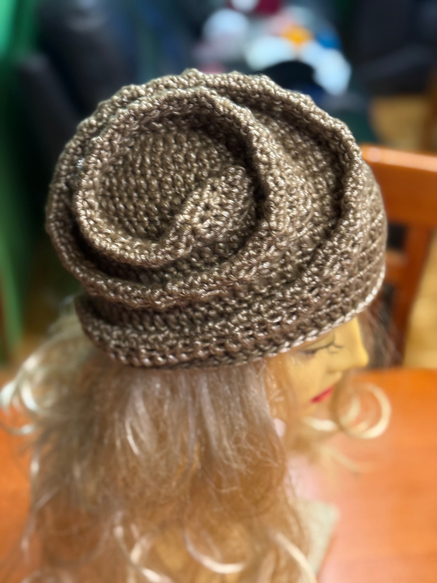 Beige-gold Crochet Snail Hat – Handmade Spiral Beanie, snake hat, Winter Cloche