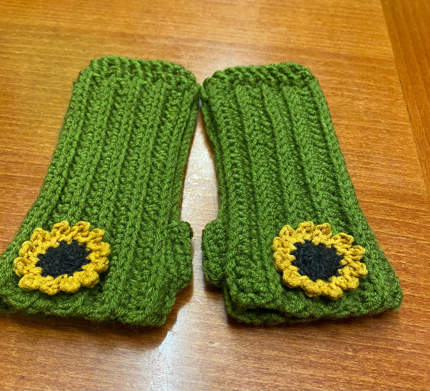 Crochet Sunflower Fingerless Gloves: Olive Green Handwarmers