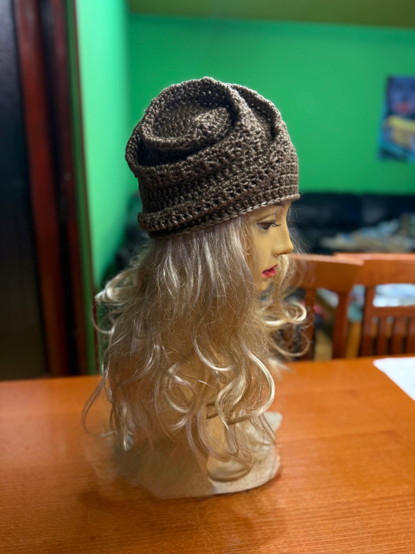 Beige-gold Crochet Snail Hat – Handmade Spiral Beanie, snake hat, Winter Cloche