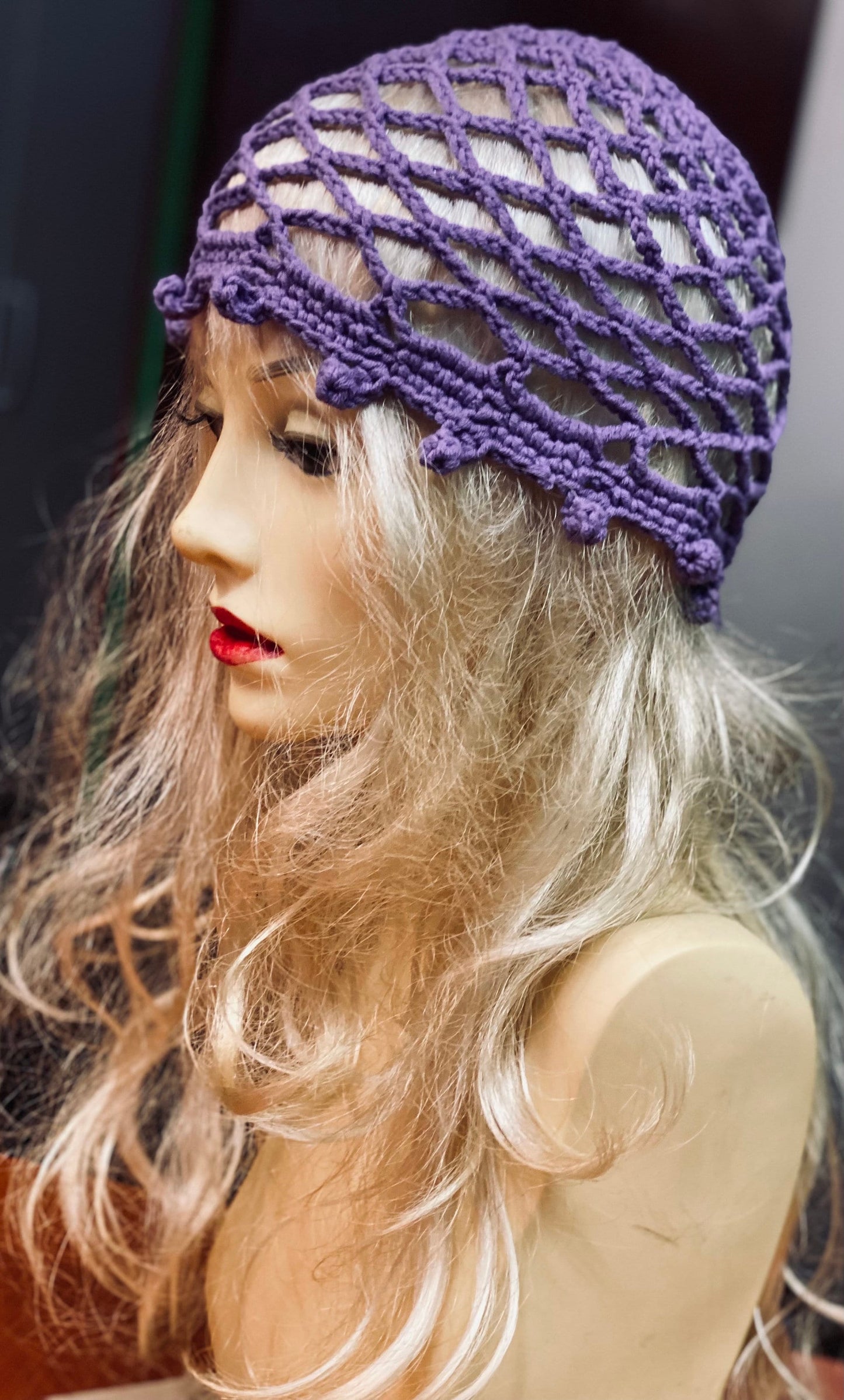 Purple Mesh beanie, netted mesh beanie, lilac crochet mesh hat, handmade mesh hat, handmade gift gift for her  crochet web beanie