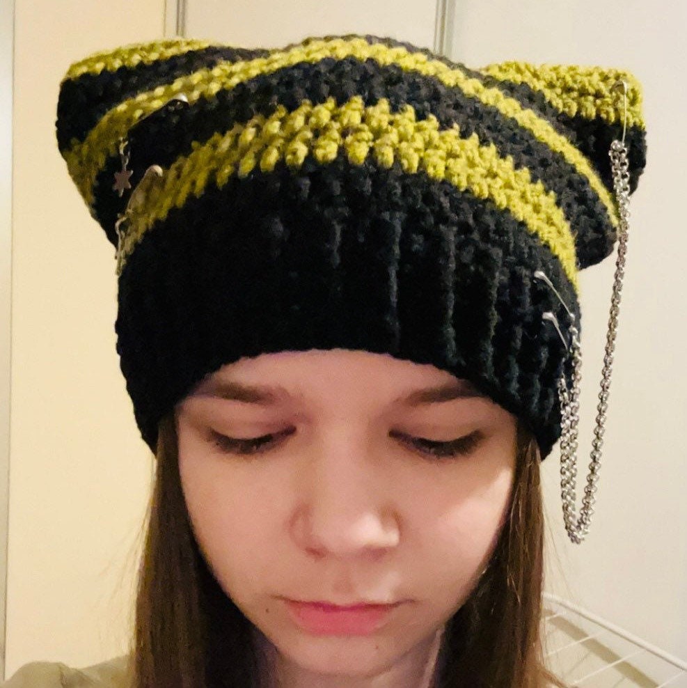 Cat chain beanie, custom Cat beanie, crochet cat ear pins beanie, cat hat, cat ears beanie with chain, star and cross, handmade gift