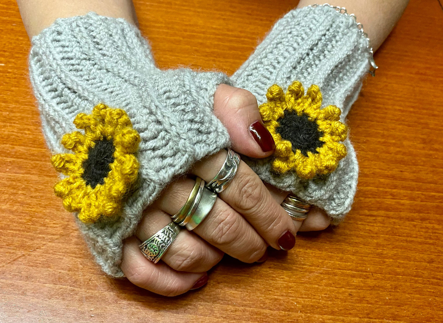 Crochet Sunflower Fingerless Gloves: Wool Blend Hand Warmers