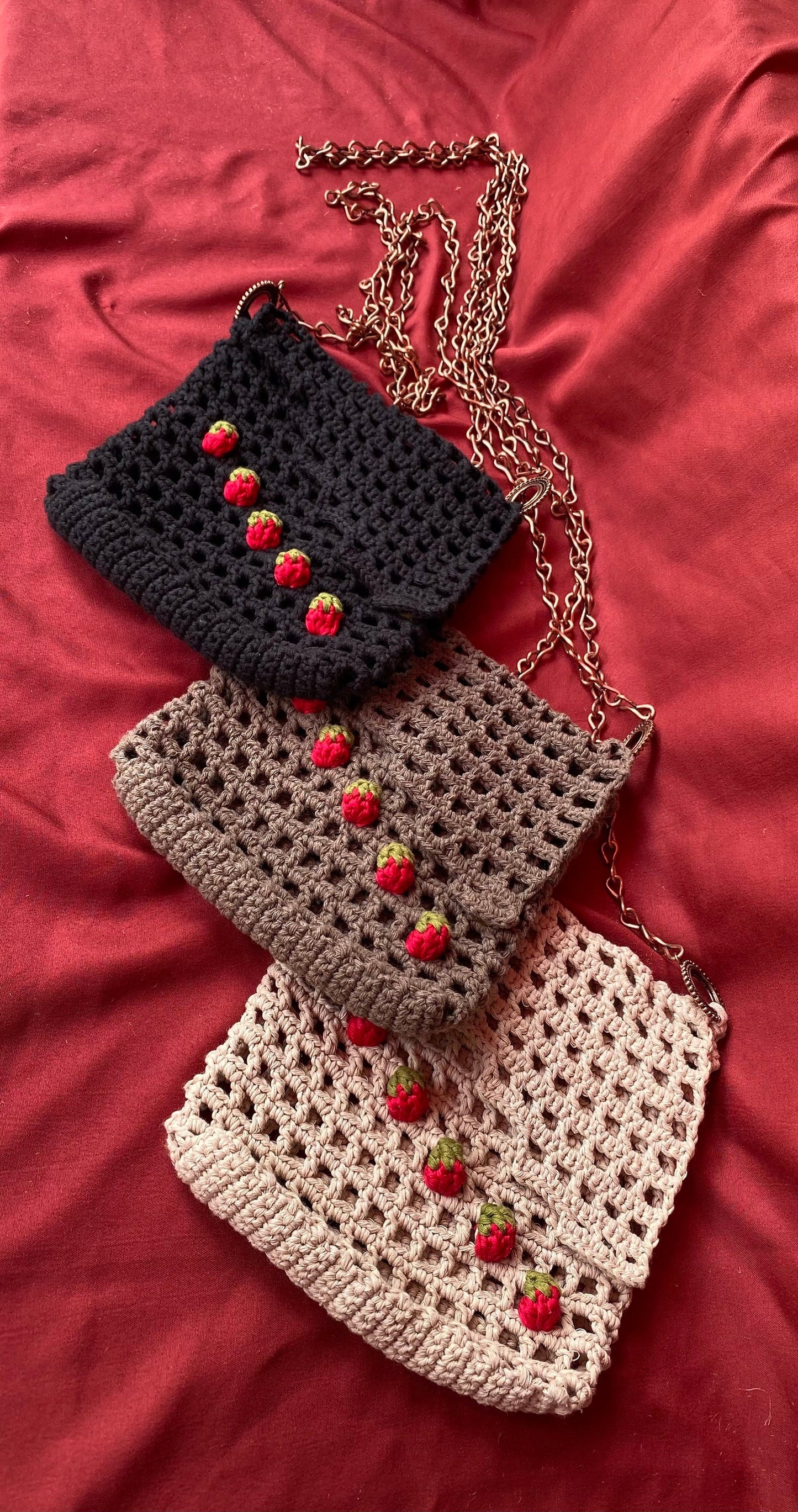 Crochet Strawberry Bag: Cotton Net Bag with Rose Gold Chain