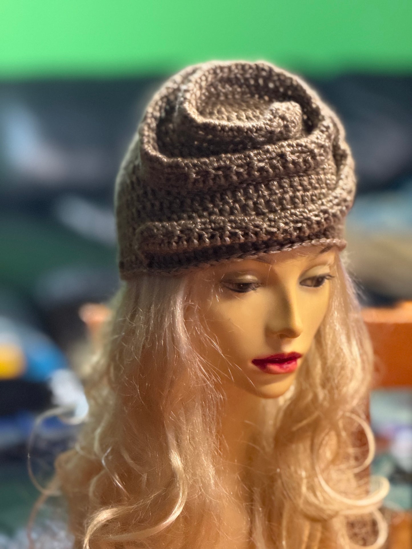 Beige-gold Crochet Snail Hat – Handmade Spiral Beanie, snake hat, Winter Cloche