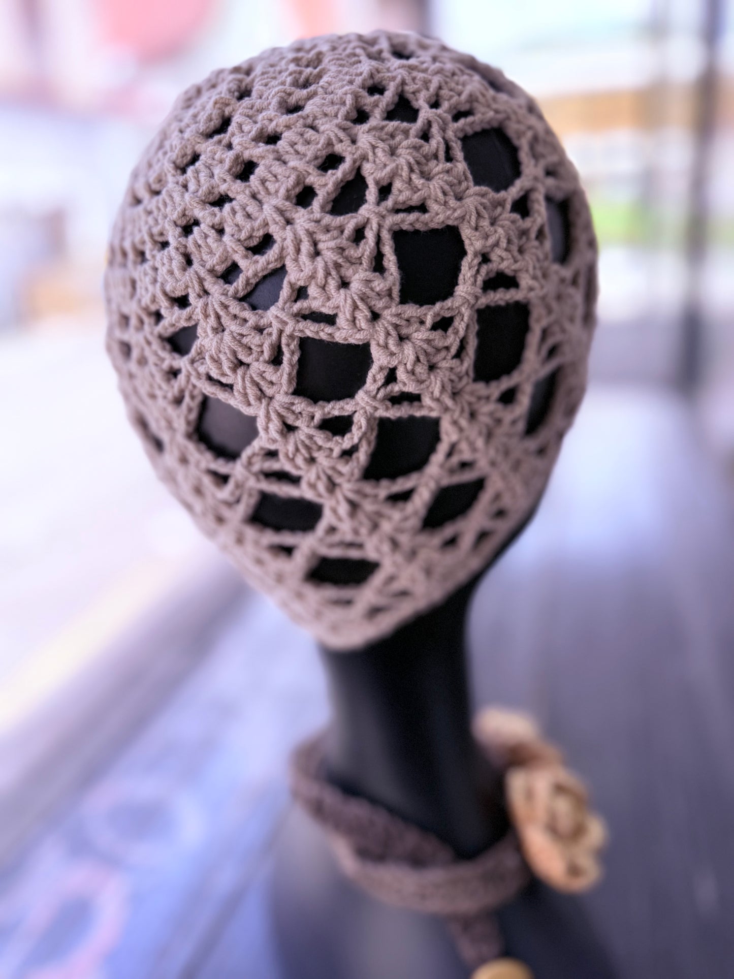 Mesh crochet beige beanie, handmade crochet hat