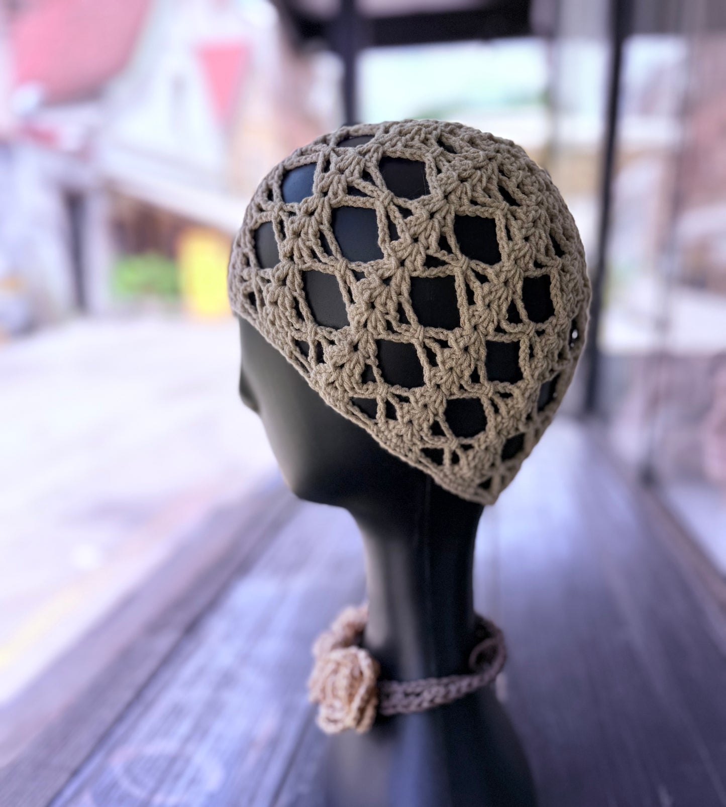 Mesh crochet beige beanie, handmade crochet hat