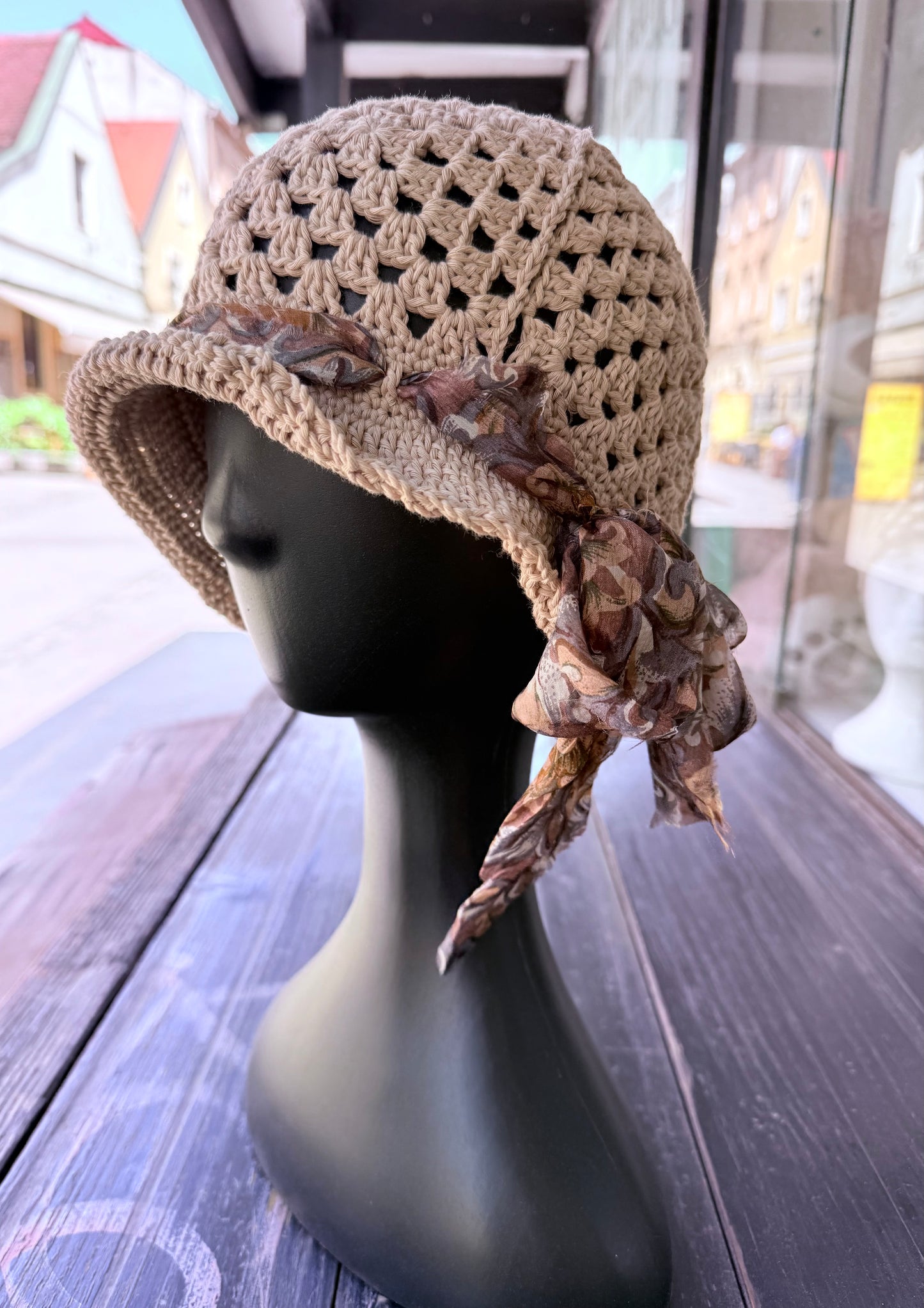Crochet beige bucket Sun Hat,Handmade Cotton Hat, granny squere bucket hat