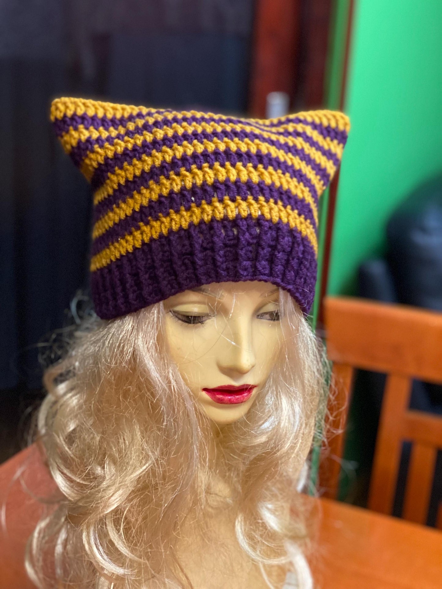 Crocheted Cat Ear Beanie: Plum & Yellow Striped Wool Blend
