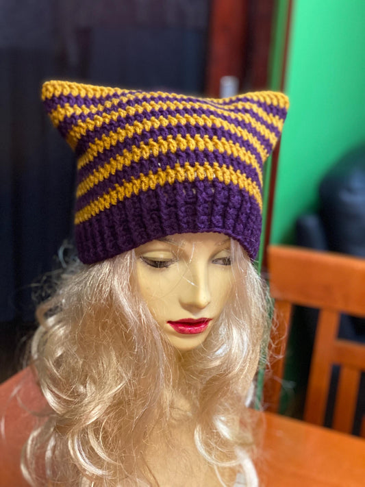 Crocheted Cat Ear Beanie: Plum & Yellow Striped Wool Blend