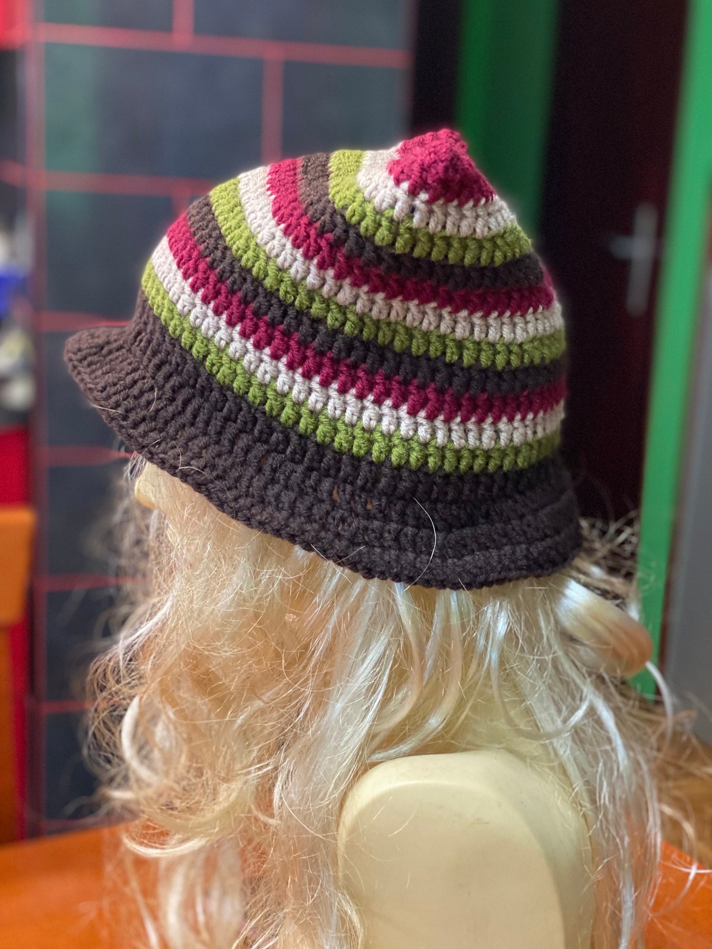 Crochet Cat Ears Bucket hat, striped earthy tones hat, striped winter bonnet, handmade striped kitty hat, grunge style hat, cat ears hat