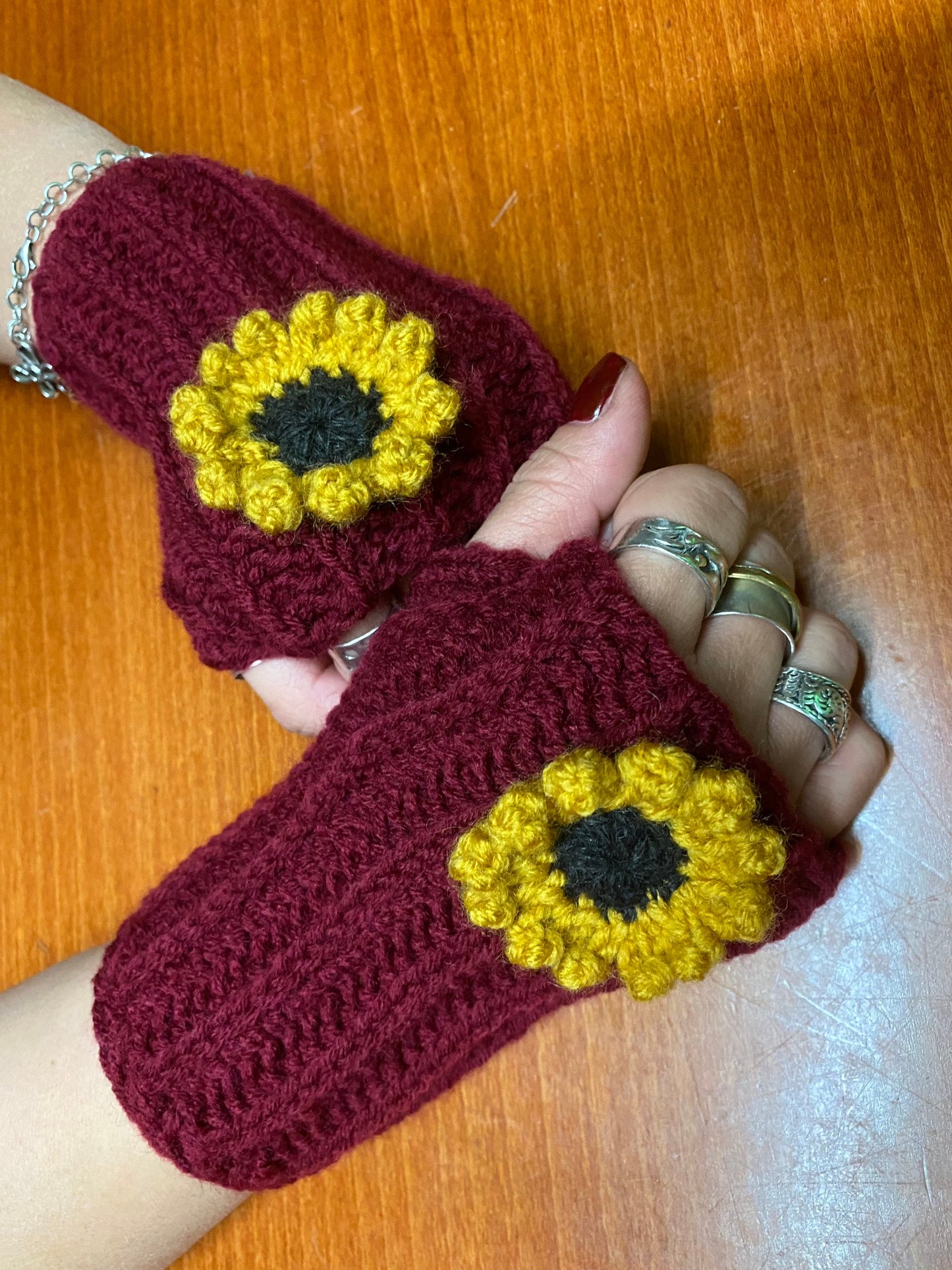 Crochet Sunflower Gloves: Burgundy Wool Blend Hand Warmers